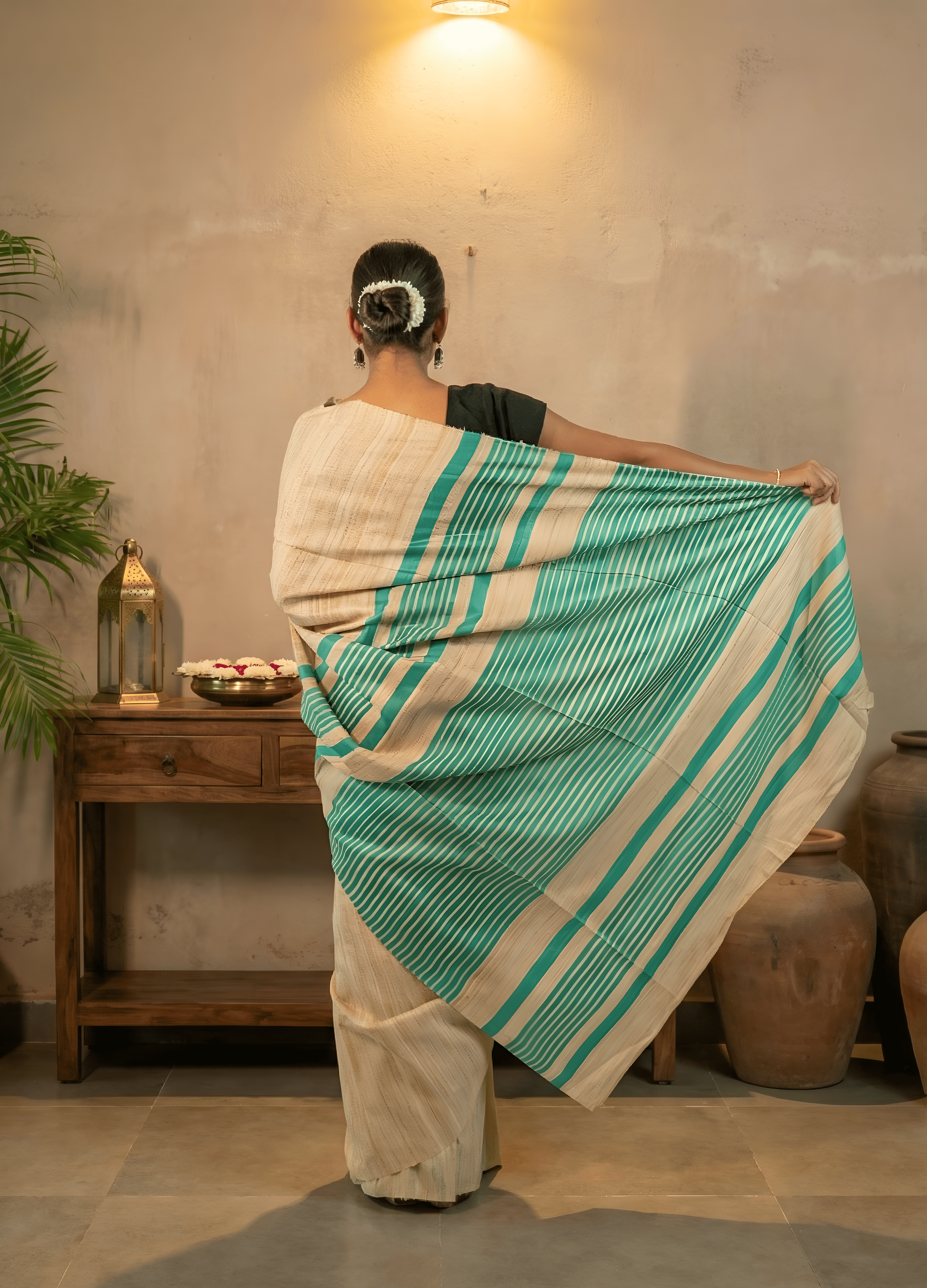 Beautiful Sea Green & Raw Gold Gicha Tussar  Silk Saree With Blouse Piece