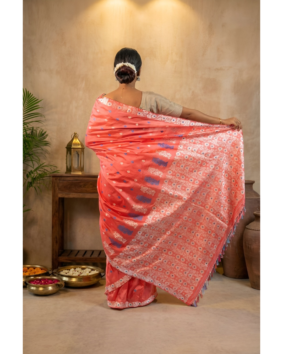 Orange Red Assam Silk Saree with Blue & White Resham Flowers & Creepers With Blouse Piece