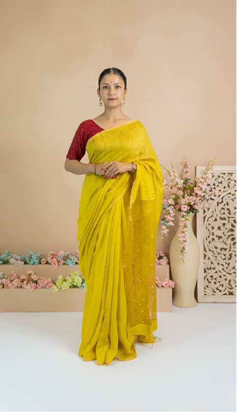 Bright Lemon Yellow Body With Sequence Embroidered, Organza Pallu Saree With Blouse Piece (With Golden Stripes)