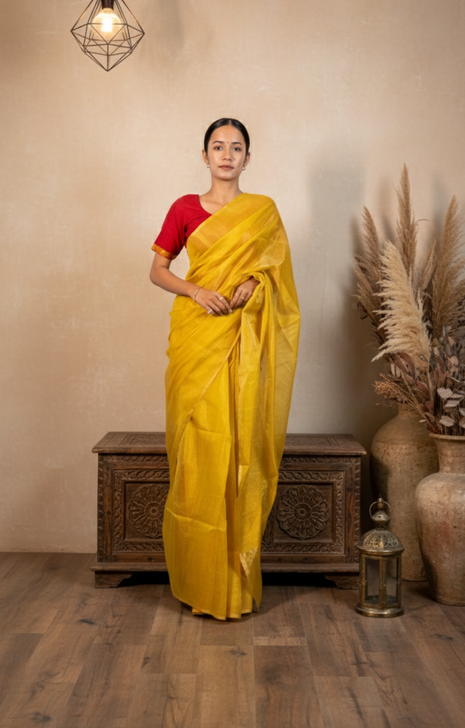 Light Yellow Golden Tissue Maheshwari Saree With Blouse Piece