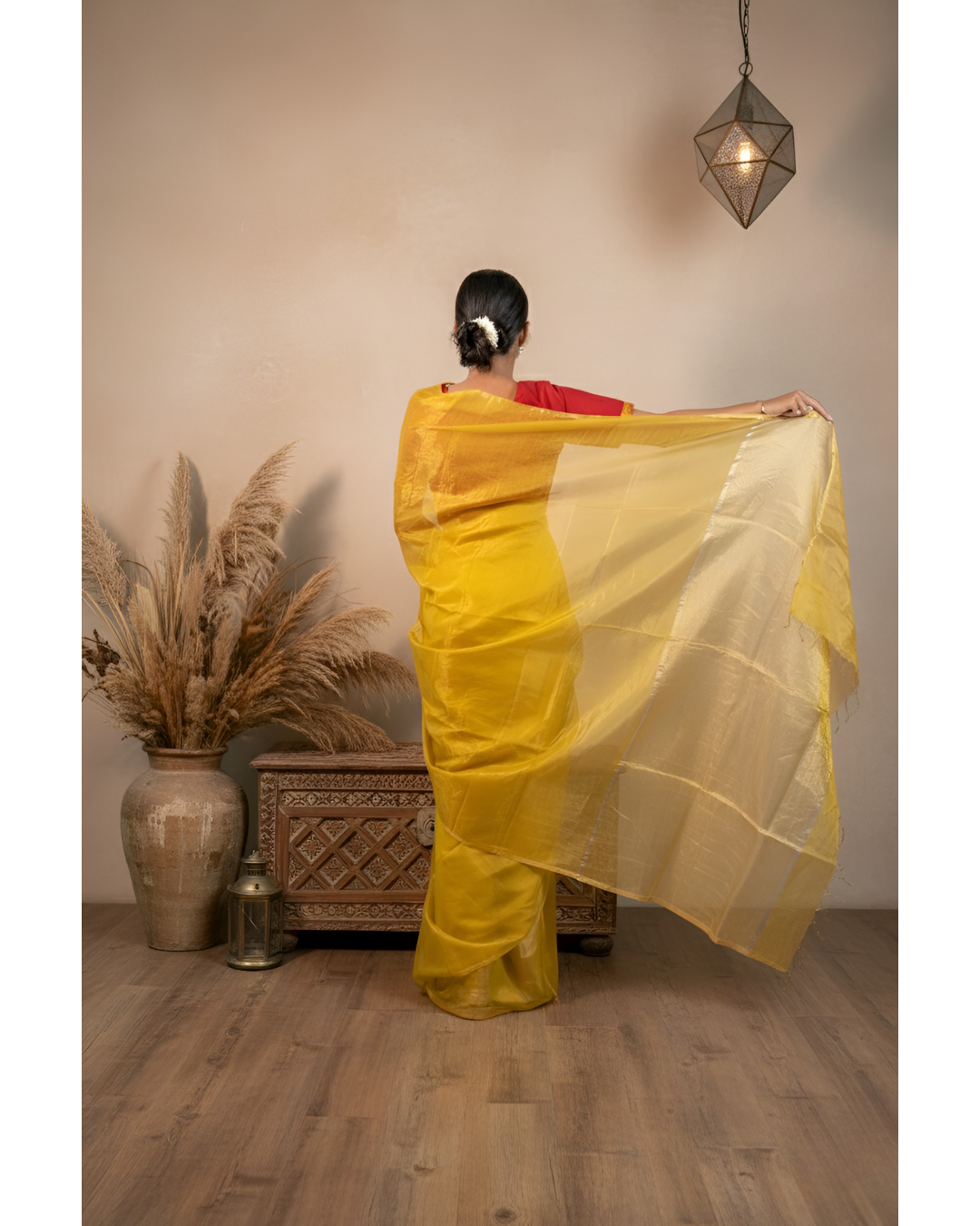 Light Yellow Golden Tissue Maheshwari Saree With Blouse Piece