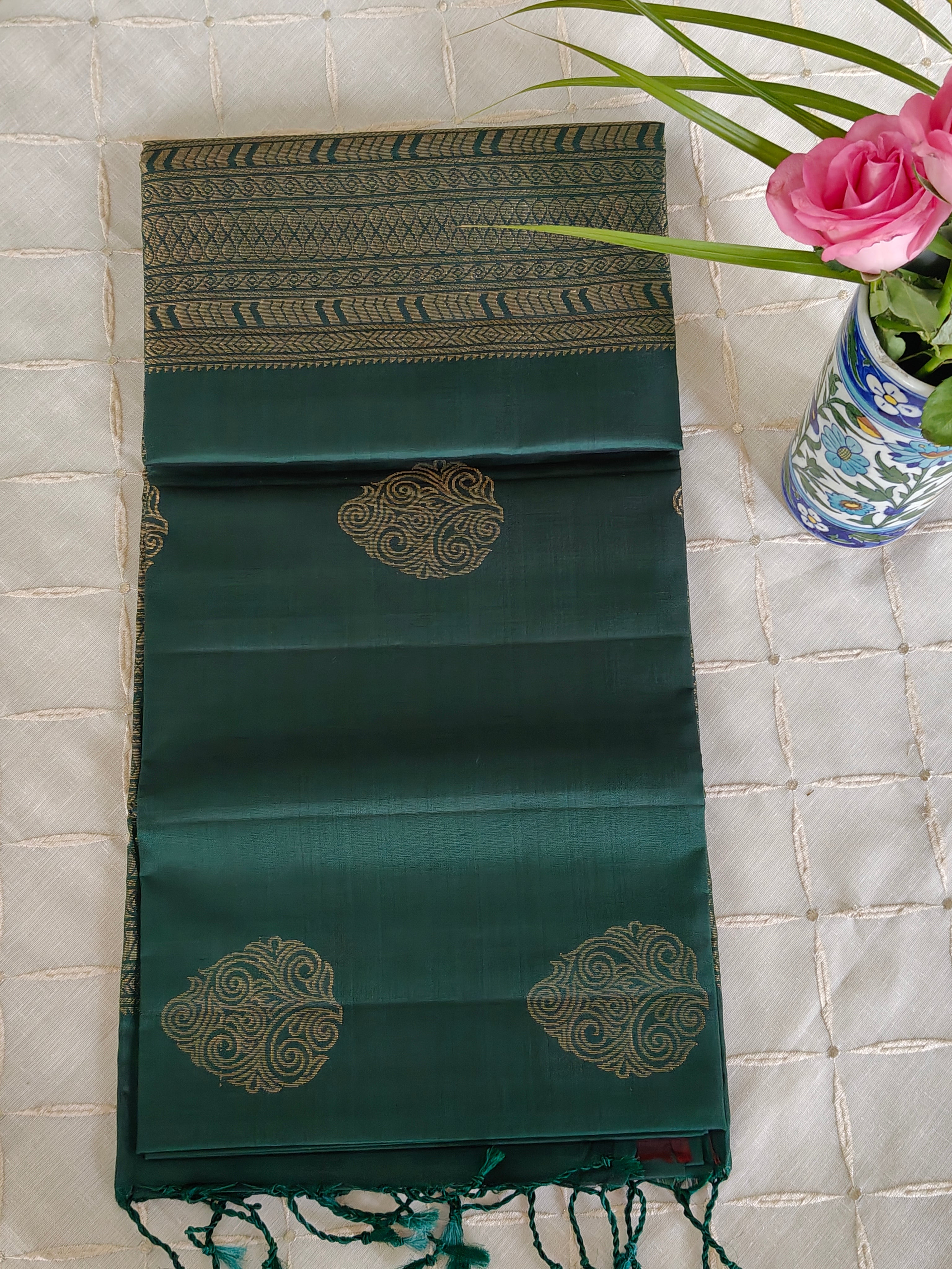 Deep Forest Green Soft Silk Kanjivaram Saree