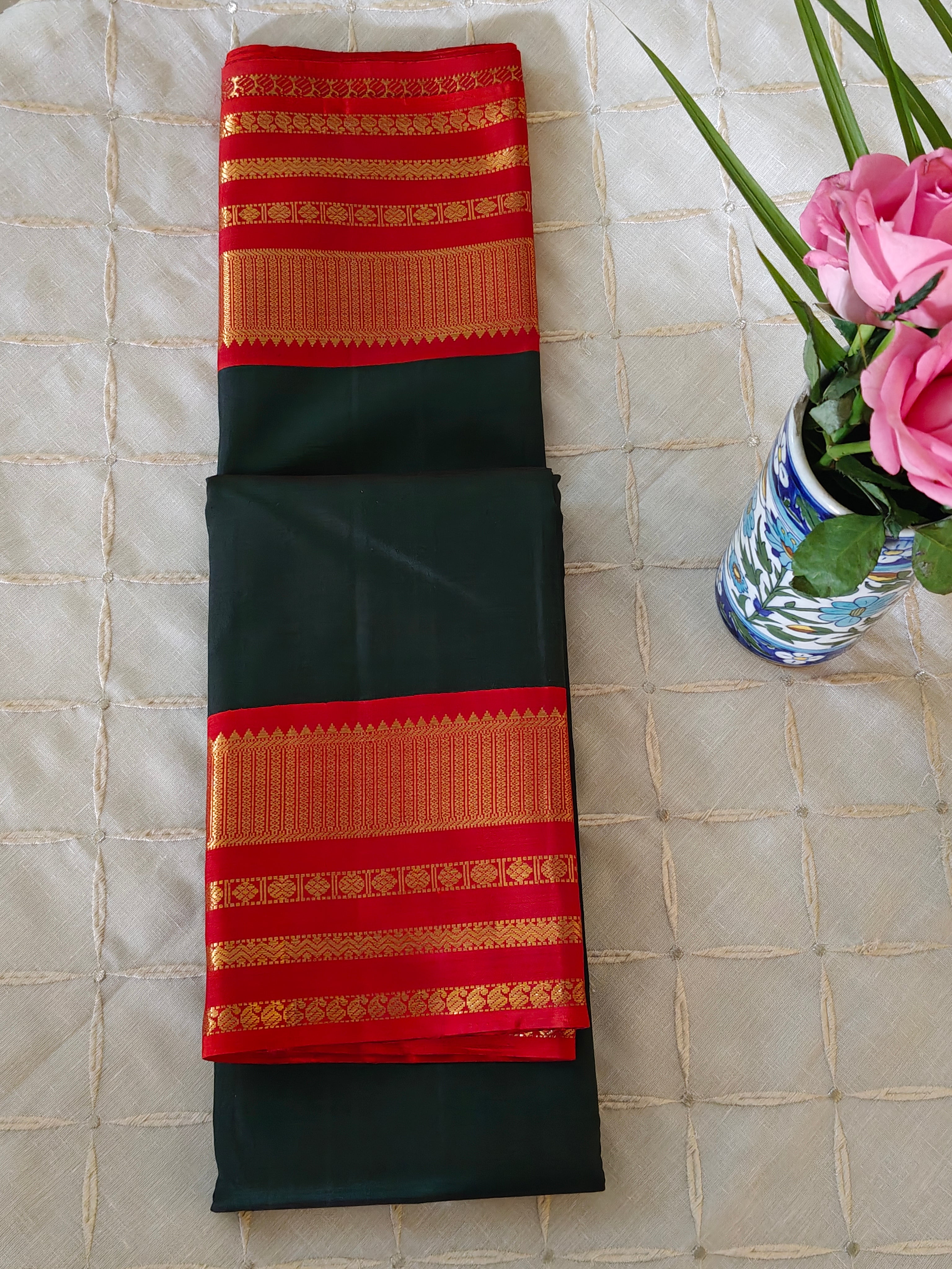 Deep Green Vermillion Kanjivaram Saree