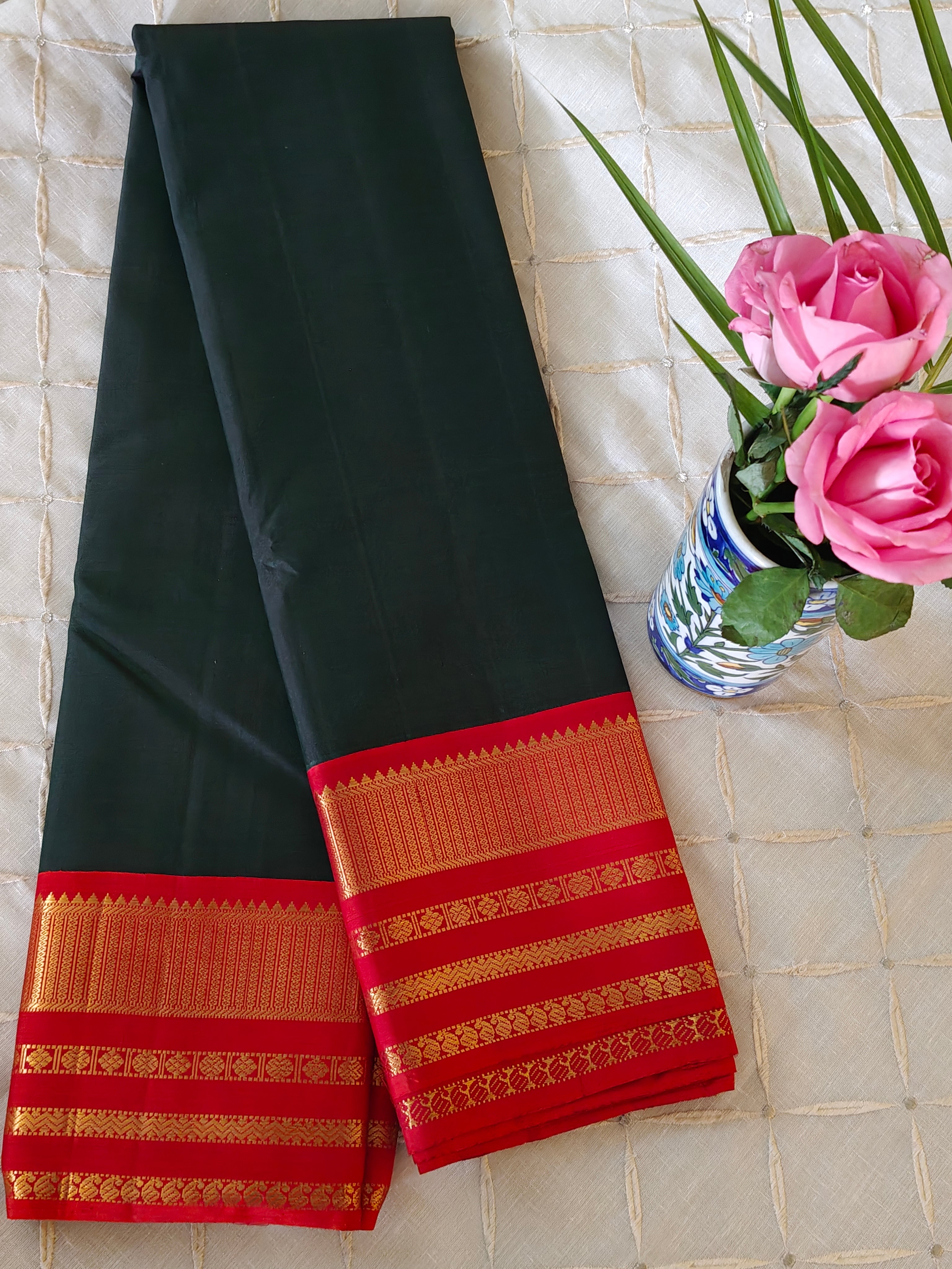 Deep Green Vermillion Kanjivaram Saree