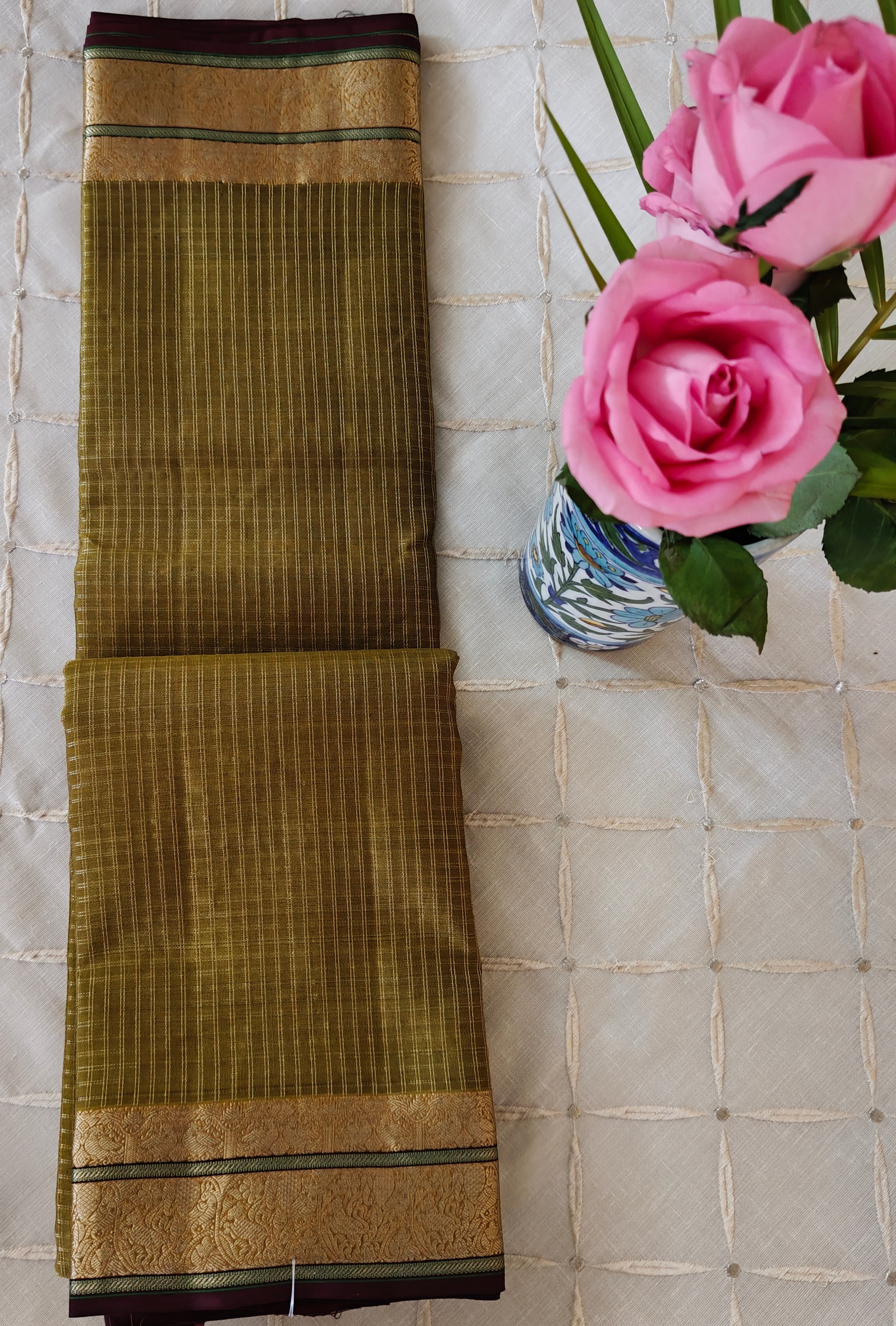 Deep Mehndi Green Gold Checks  Kanjivaram Saree