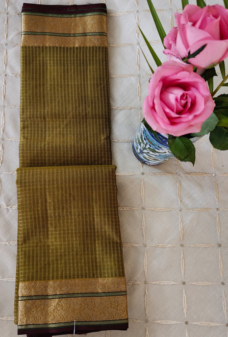Deep Mehndi Green Gold Checks  Kanjivaram Saree