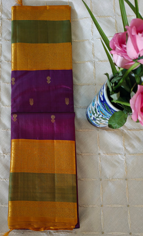 Violet Green Yellow Kanjivaram Saree
