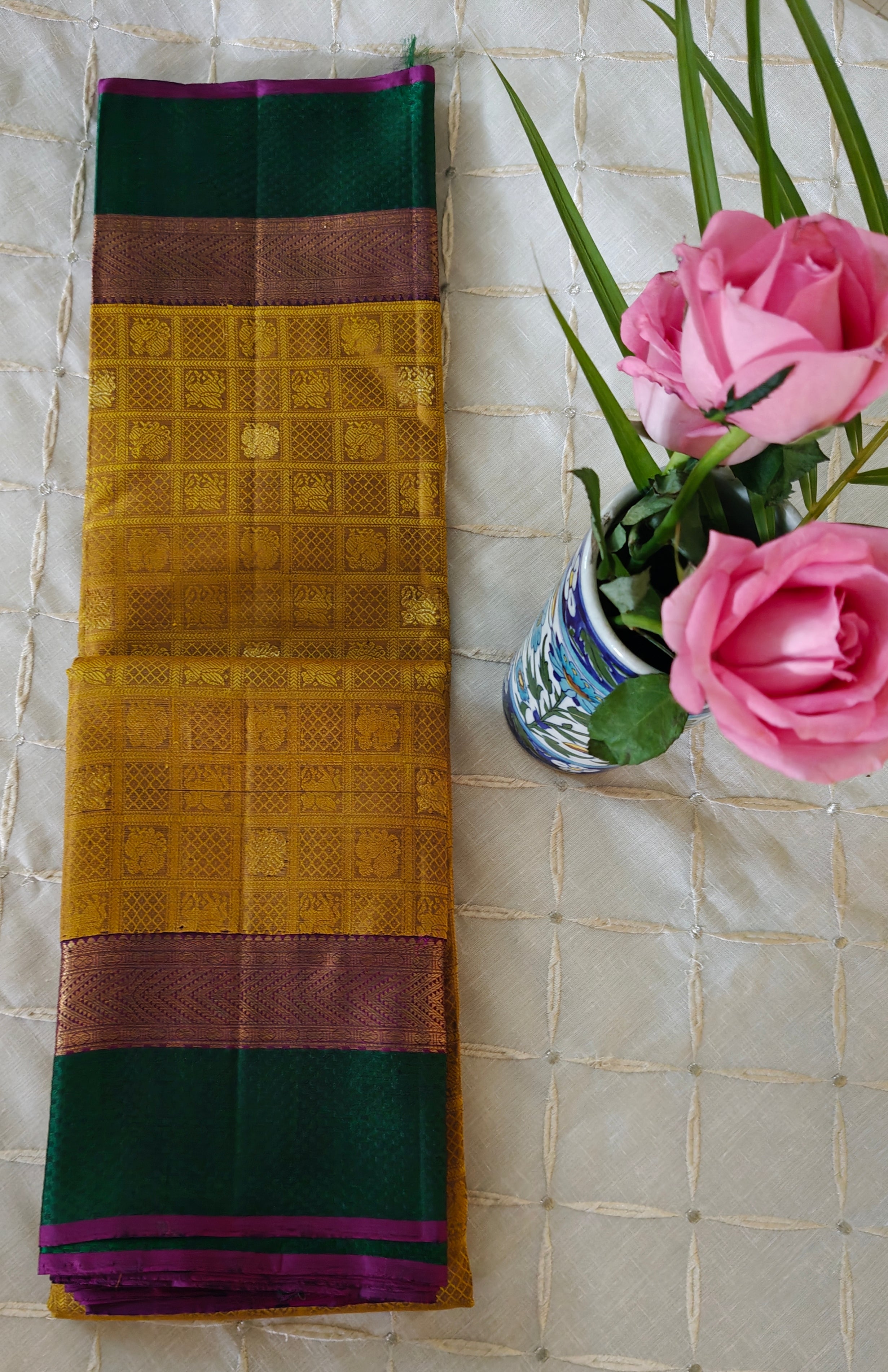 Yellow And Verdant Green Kanjivaram Saree