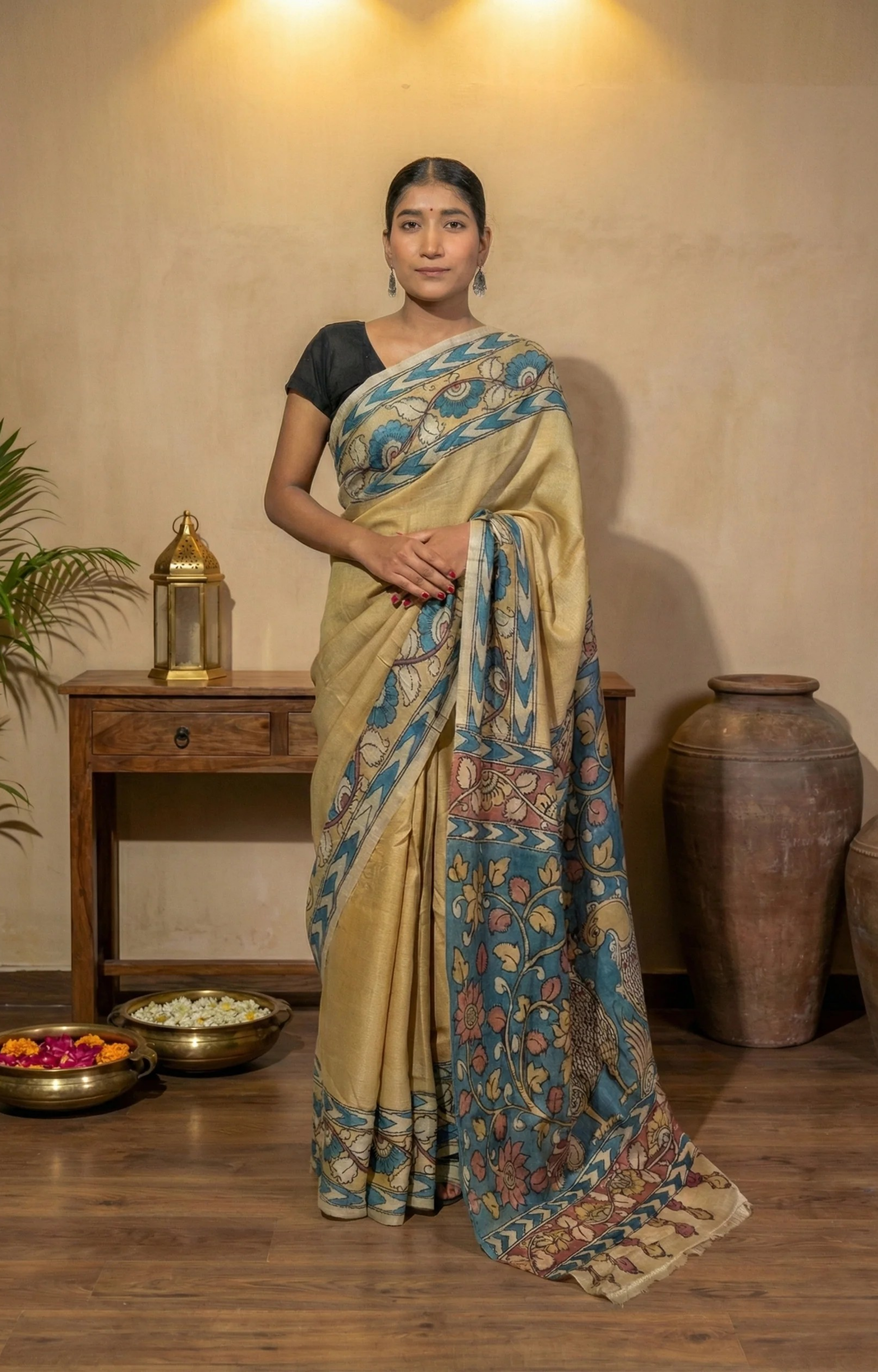 Lemon Yellow Body with Kalamkari Border and Palla on Natural Tussar Silk Saree With Blouse Piece