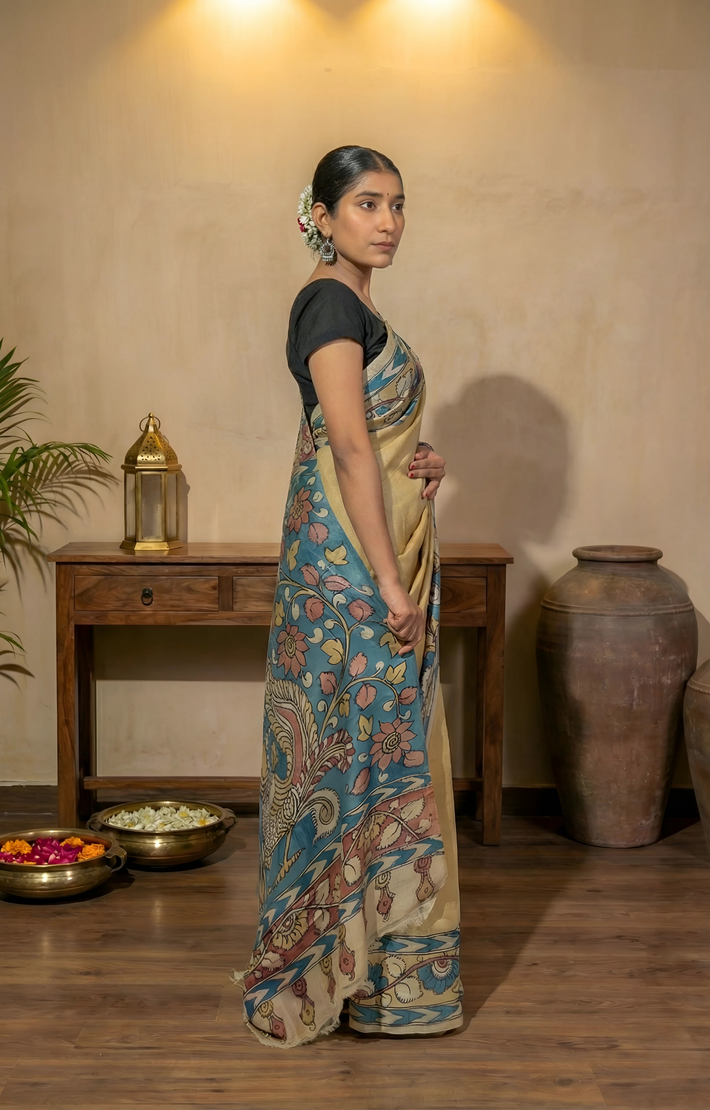 Lemon Yellow Body with Kalamkari Border and Palla on Natural Tussar Silk Saree With Blouse Piece