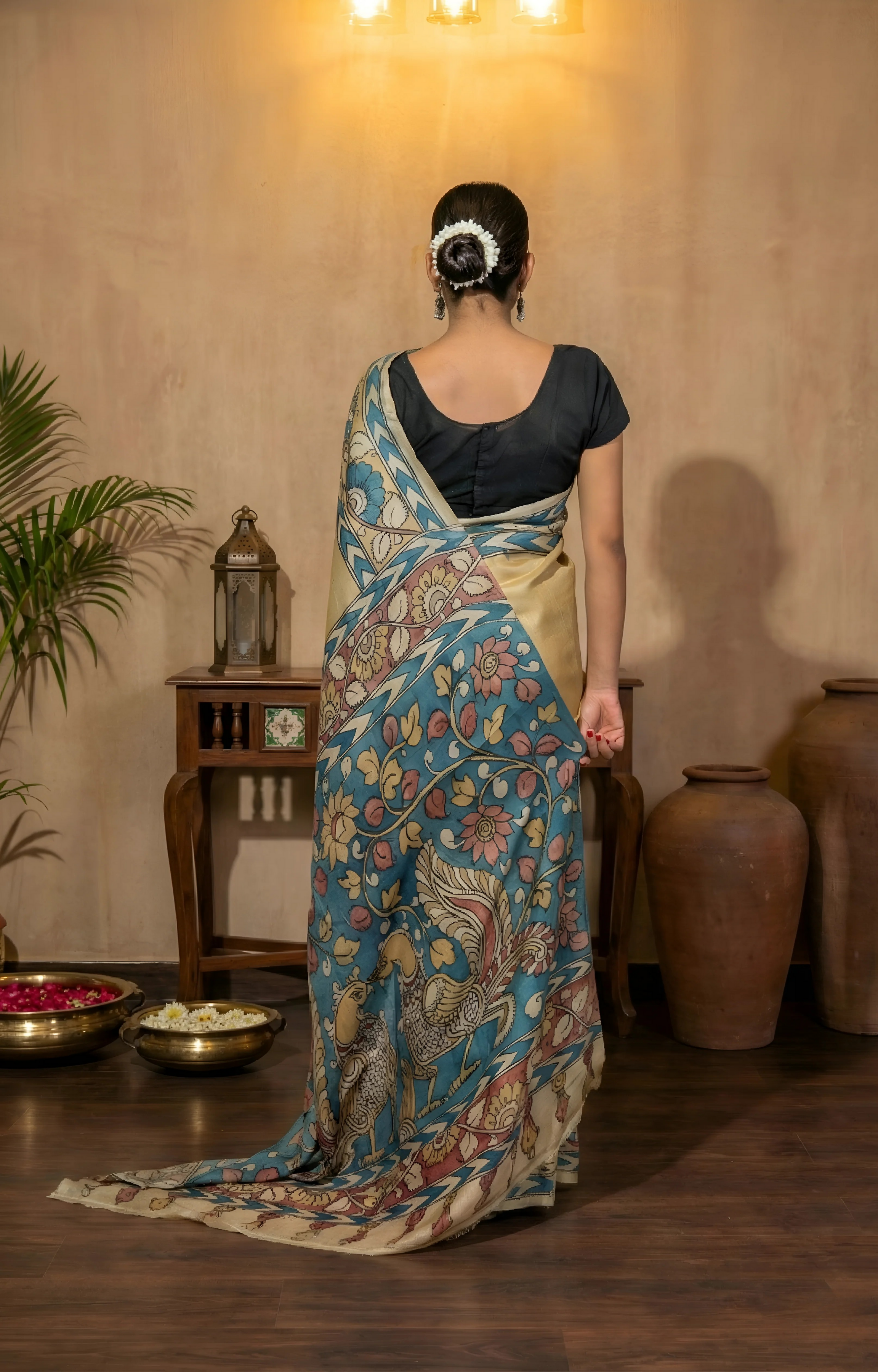 Lemon Yellow Body with Kalamkari Border and Palla on Natural Tussar Silk Saree With Blouse Piece