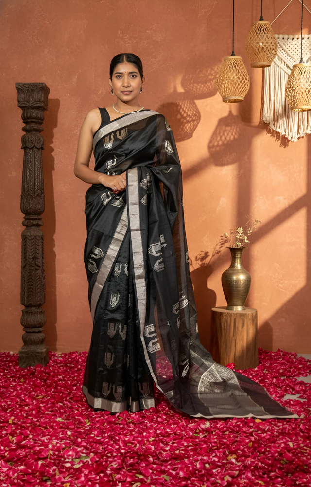 Black Silver Chanderi Silk with Peacock Motif Saree With Blouse Piece