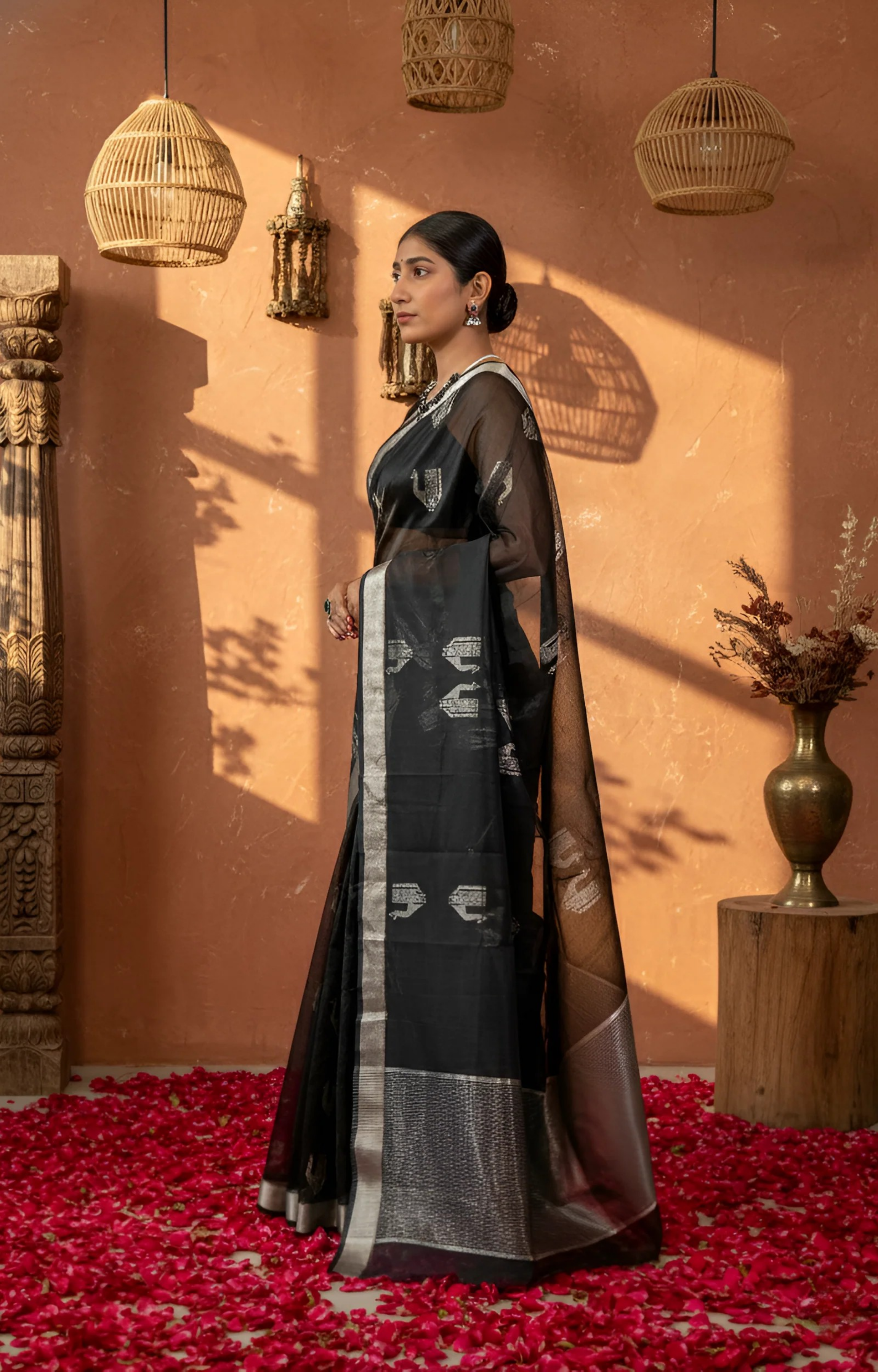 Black Silver Chanderi Silk with Peacock Motif Saree With Blouse Piece