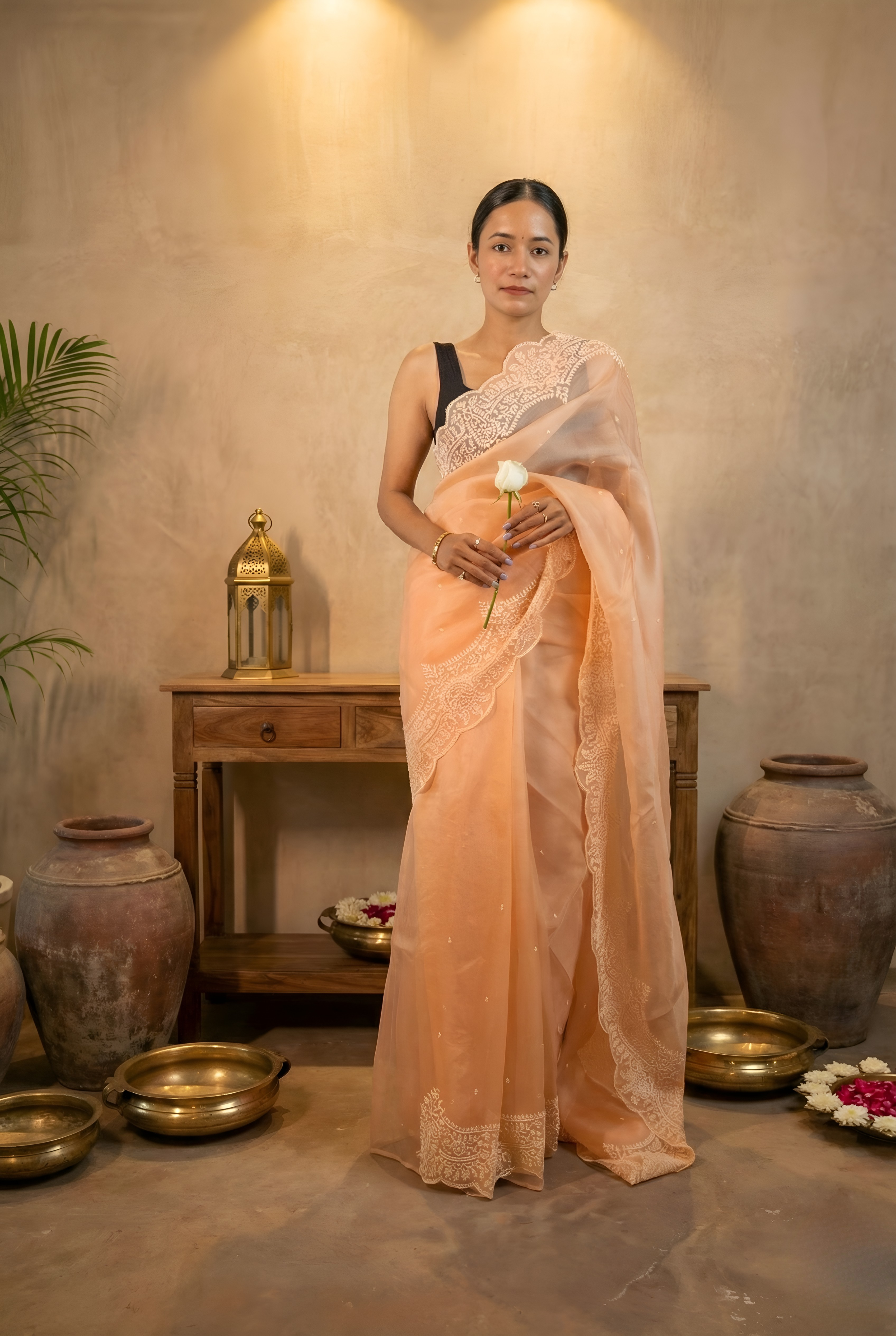Pastel Peach Body with White Thread Pearl Work on Scalloped Border & Palla Pure Organza Saree With Blouse Piece