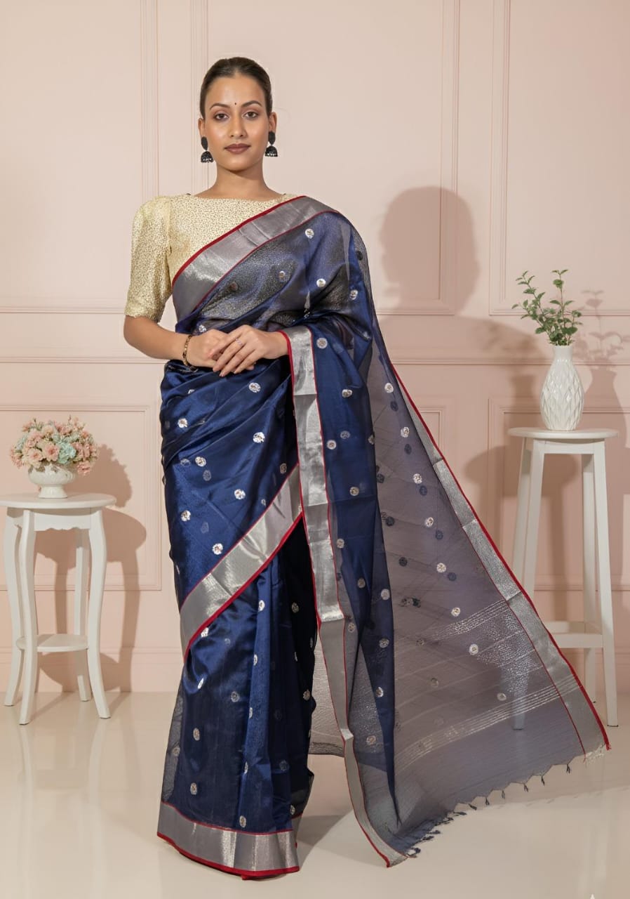Vibrant Royal Blue with Silver Red Border Chander Silk Saree With Blouse Piece