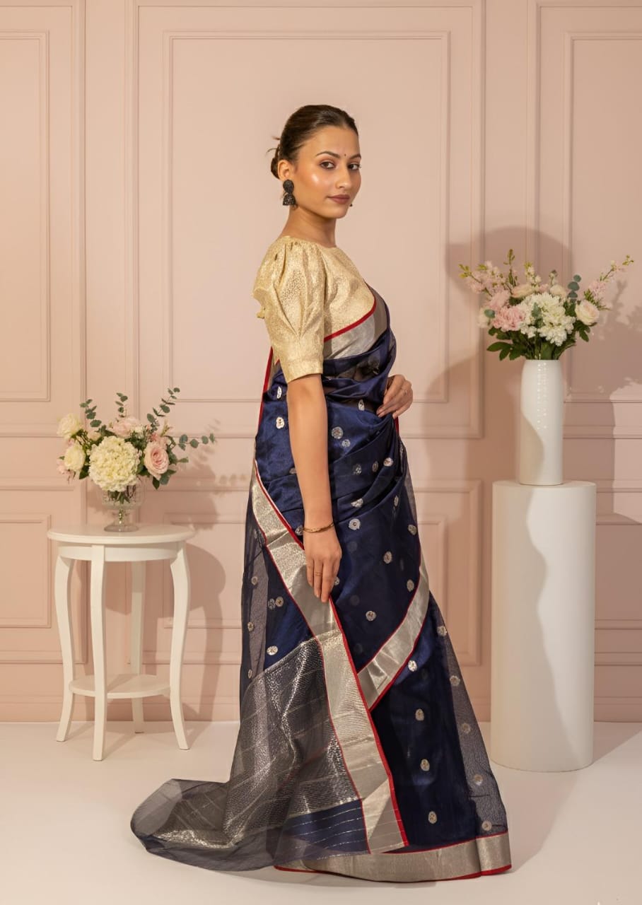 Vibrant Royal Blue with Silver Red Border Chander Silk Saree With Blouse Piece