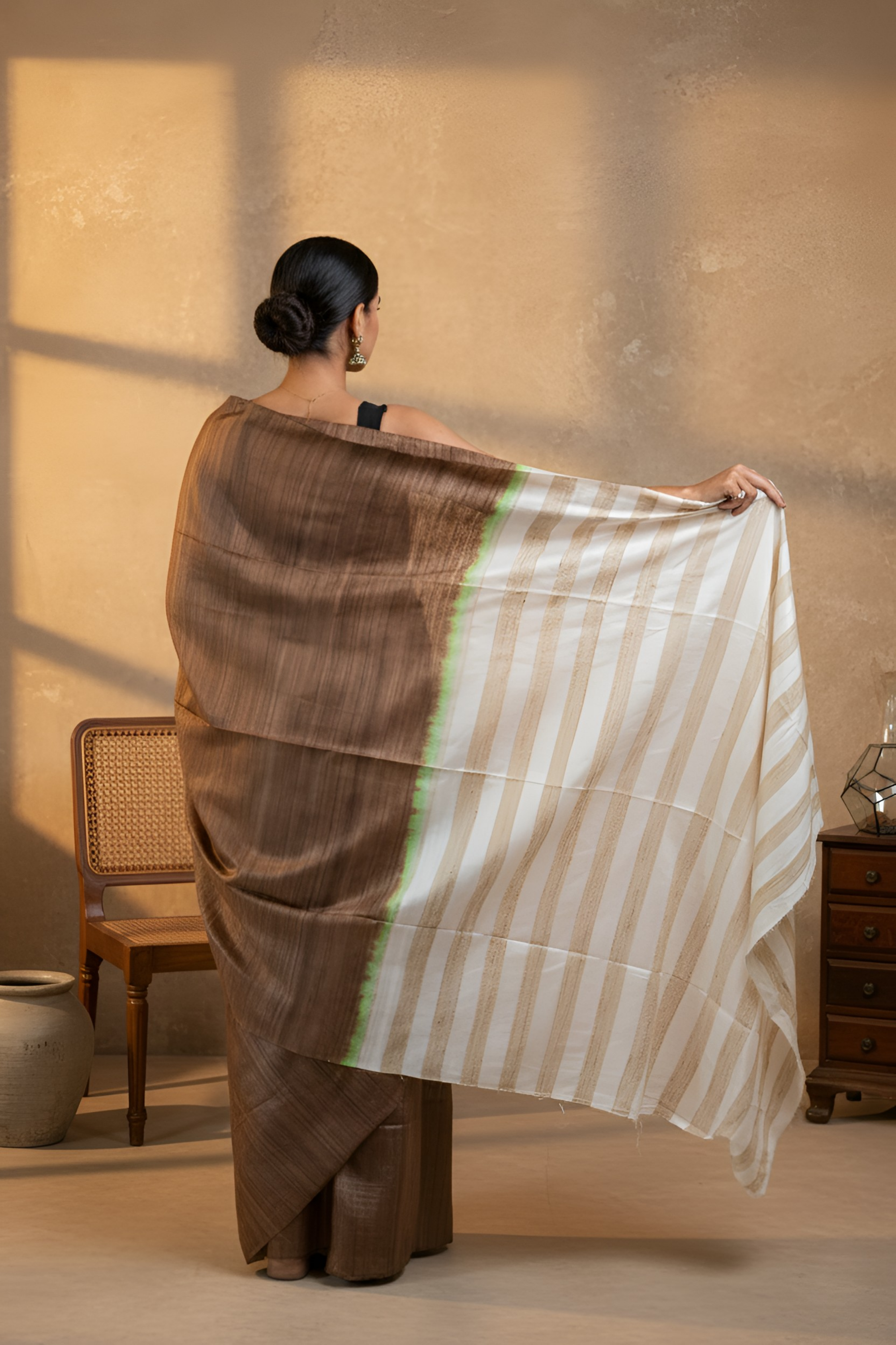 Coffee Color Body With Alternate White & Gicha Stripe Palla Gicha Tussar Silk Saree With Blouse Piece