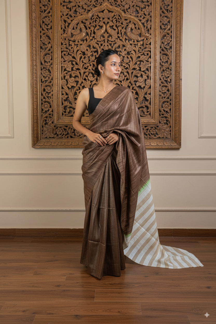 Coffee Color Body With Alternate White & Gicha Stripe Palla Gicha Tussar Silk Saree With Blouse Piece