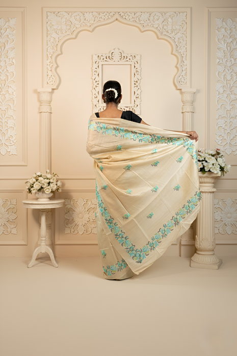 Sea Green & Grey Color Lilies Embroidered on Tussar Silk Saree With Blouse Piece