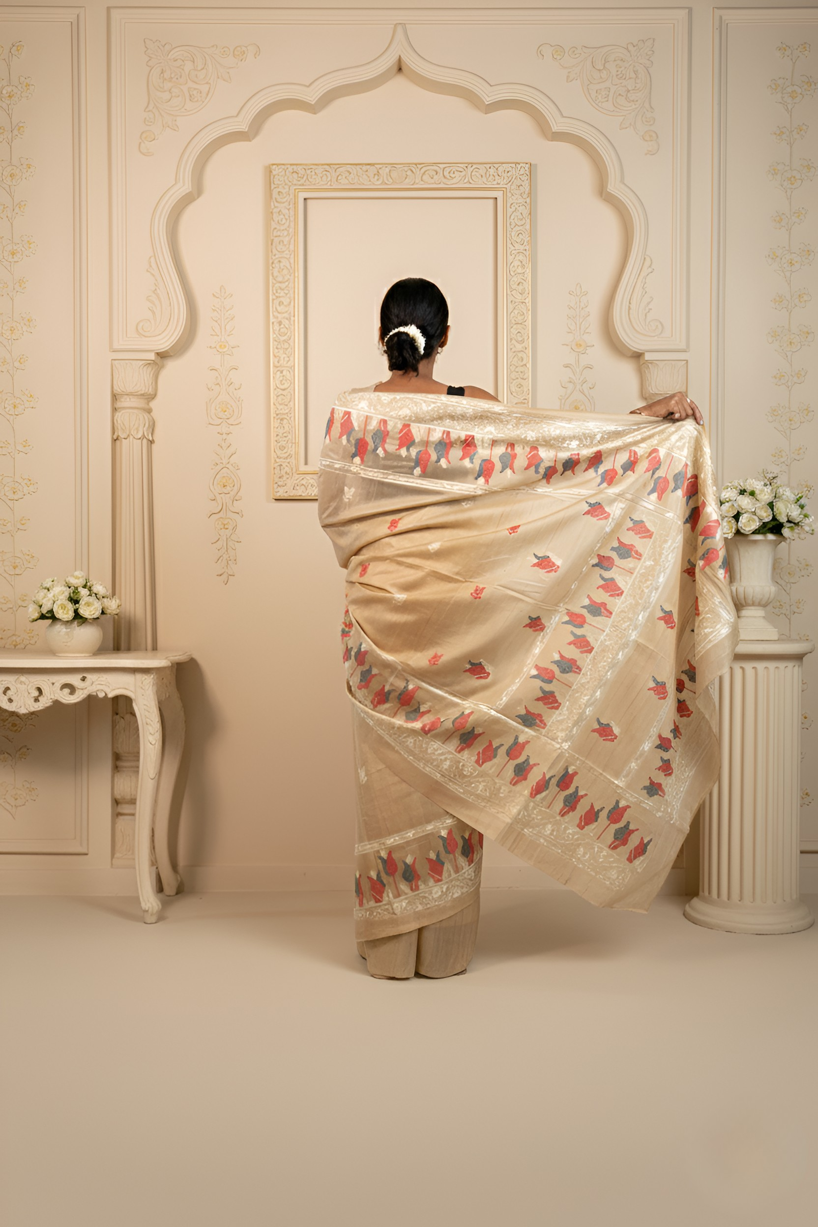 Peach White & Grey Color Tulips Embroidered on Tussar Silk Saree With Blouse Piece