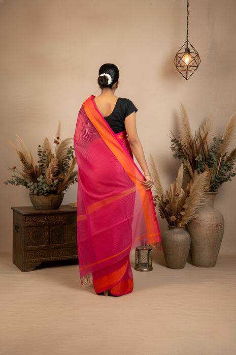 Rani Pink & Orange Combination Thread Work Maheshwari Silk Saree With Blouse Piece