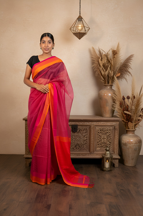 Rani Pink & Orange Combination Thread Work Maheshwari Silk Saree With Blouse Piece