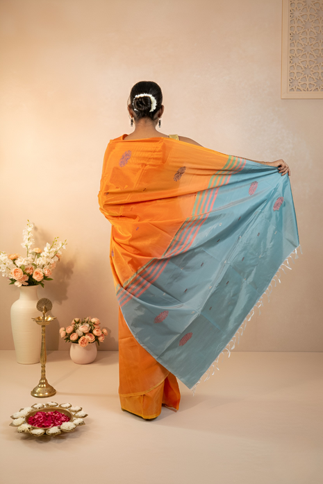Perfect Orange Body & Sea Blue Palla Banana Silk Saree With Blouse Piece