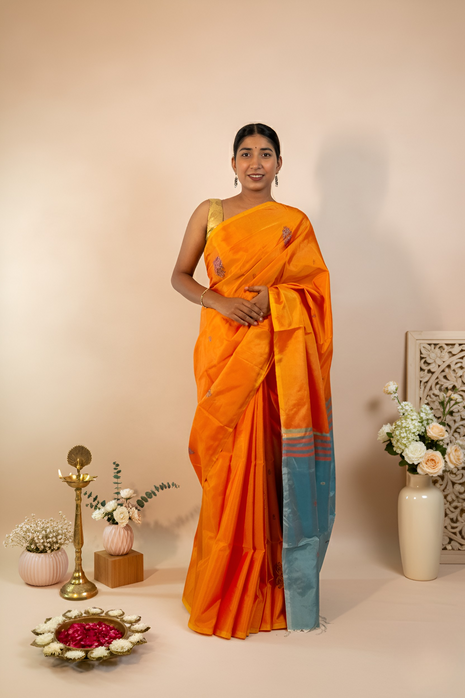 Perfect Orange Body & Sea Blue Palla Banana Silk Saree With Blouse Piece