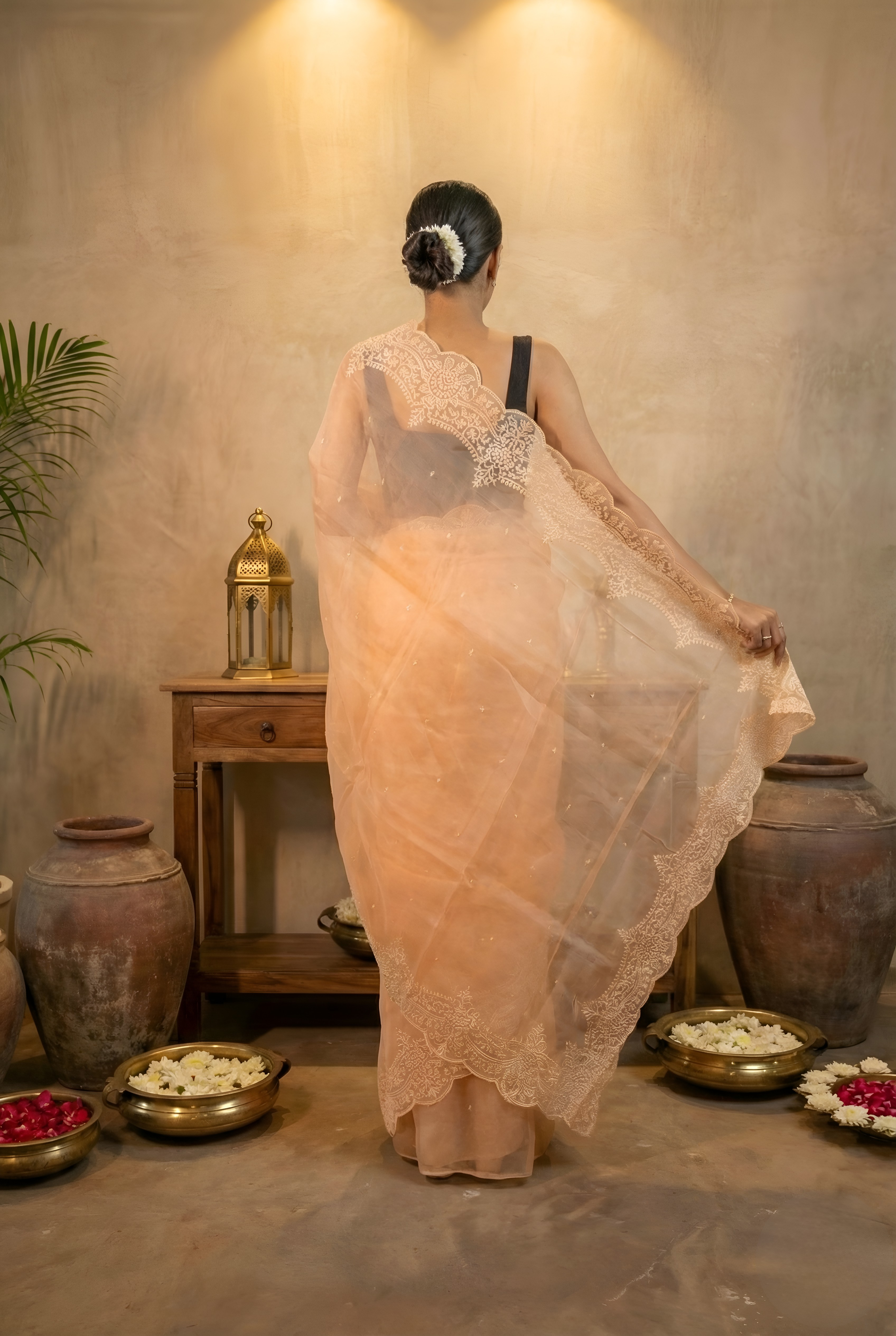 Pastel Peach Body with White Thread Pearl Work on Scalloped Border & Palla Pure Organza Saree With Blouse Piece