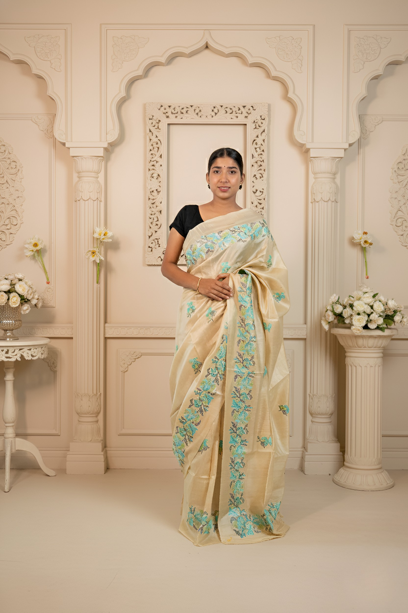 Sea Green & Grey Color Lilies Embroidered on Tussar Silk Saree With Blouse Piece