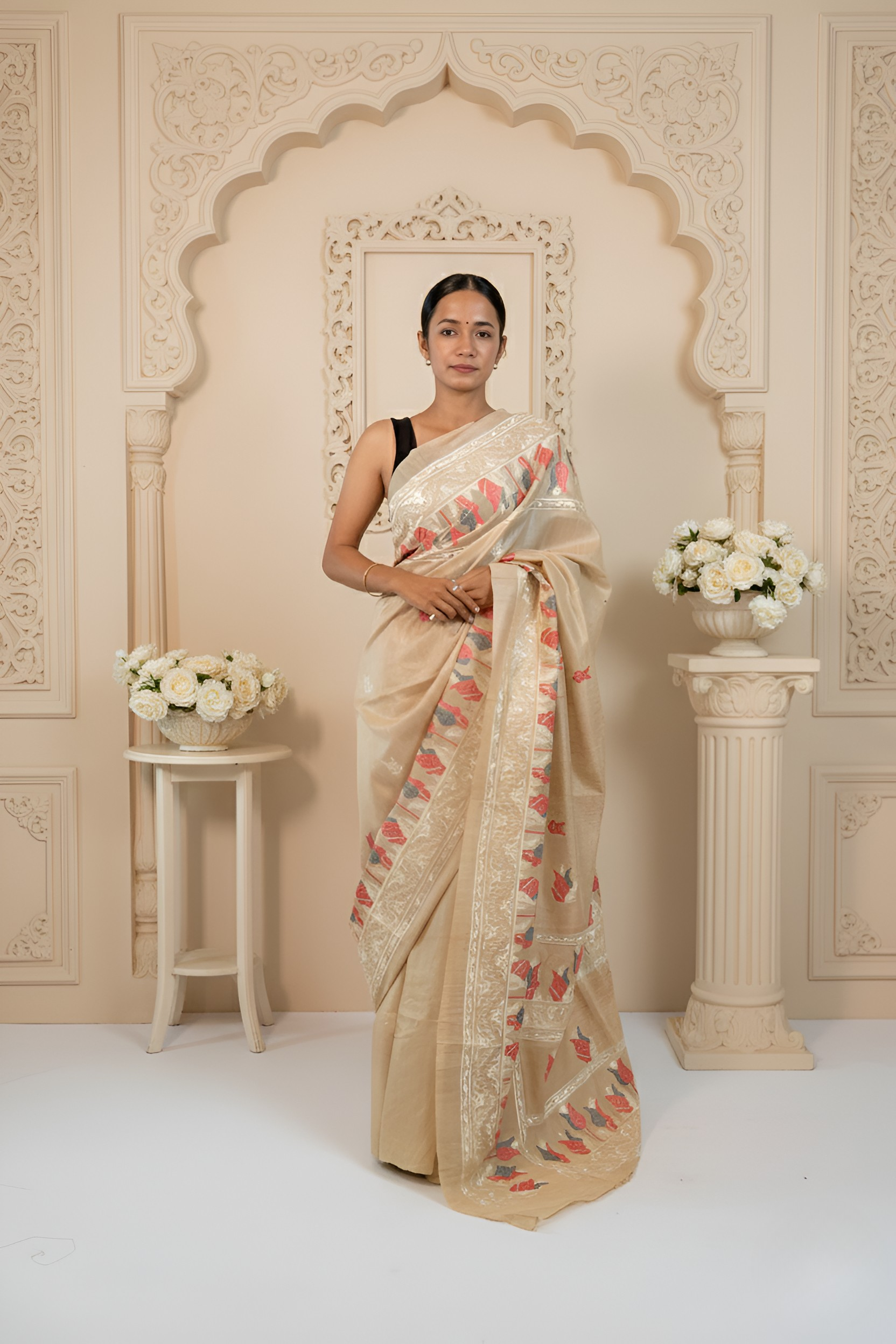 Peach White & Grey Color Tulips Embroidered on Tussar Silk Saree With Blouse Piece