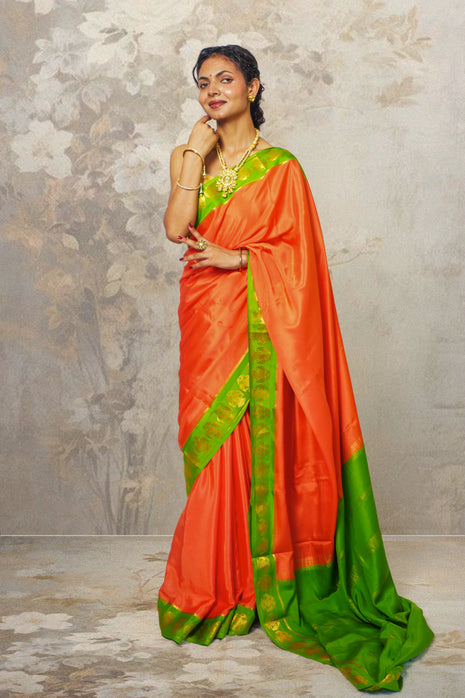 Peach And Lemon Green  Mysore Silk Saree