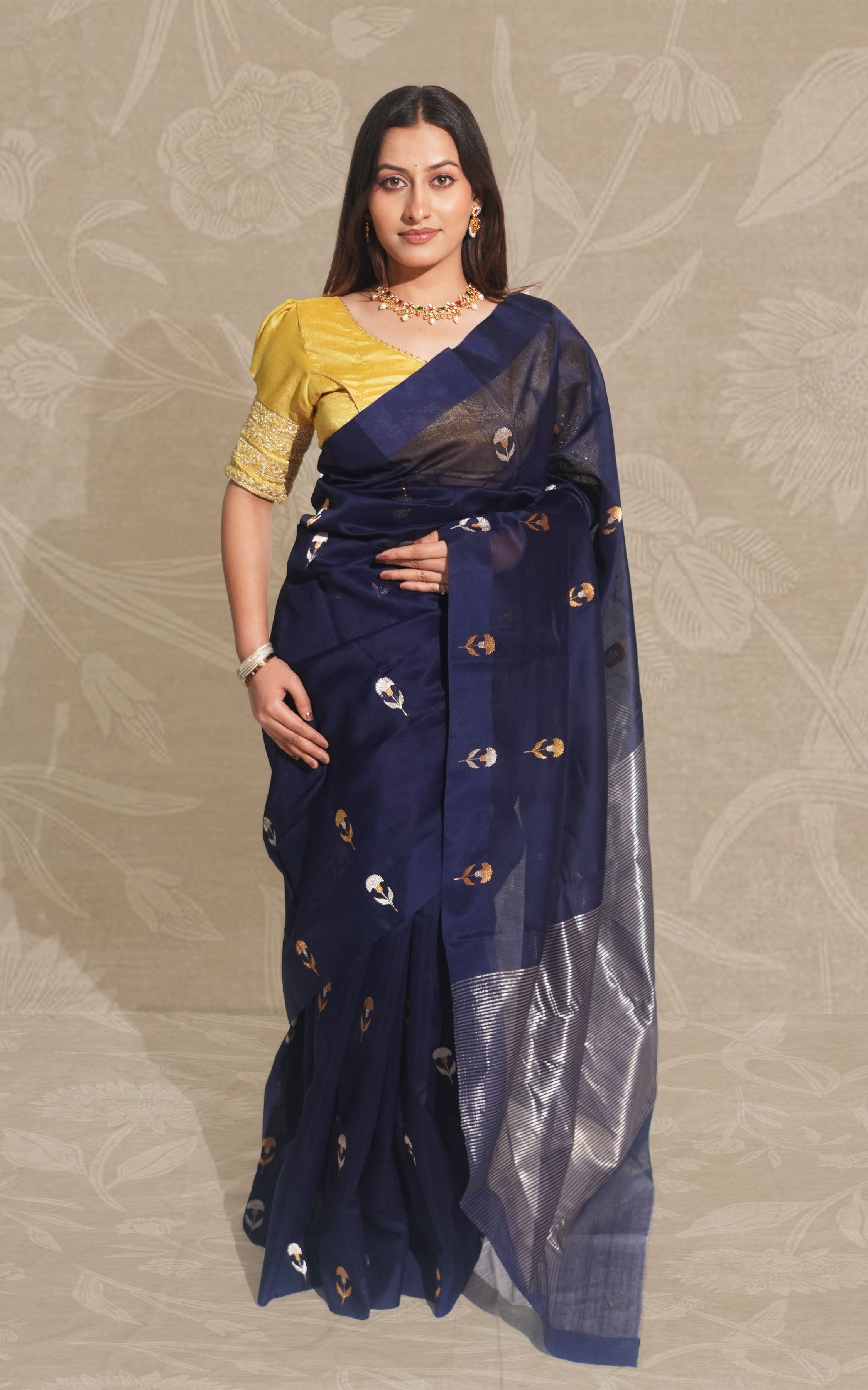 Navy Blue And Gold Silver Butti Chanderi Silk Saree