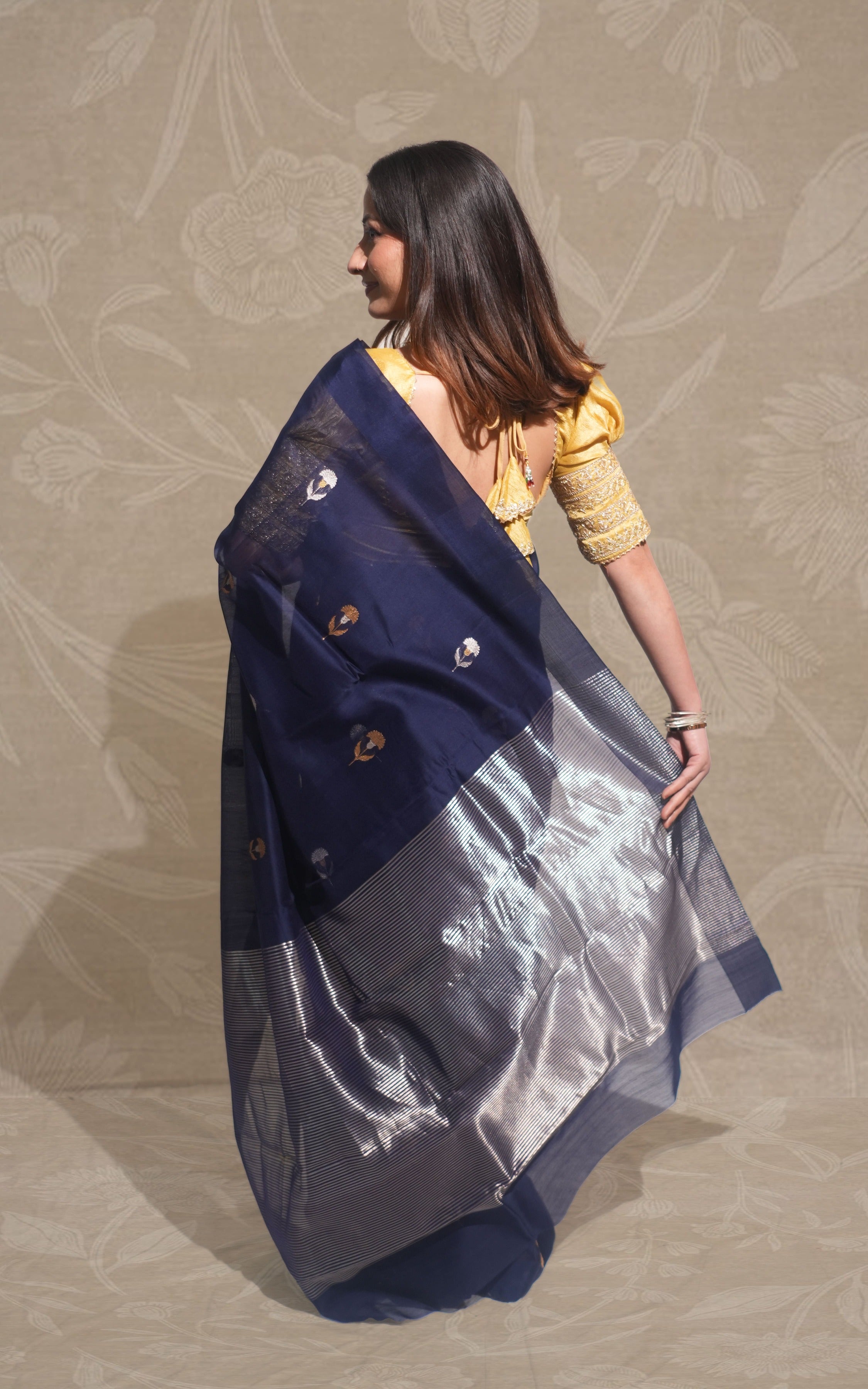 Navy Blue And Gold Silver Butti Chanderi Silk Saree
