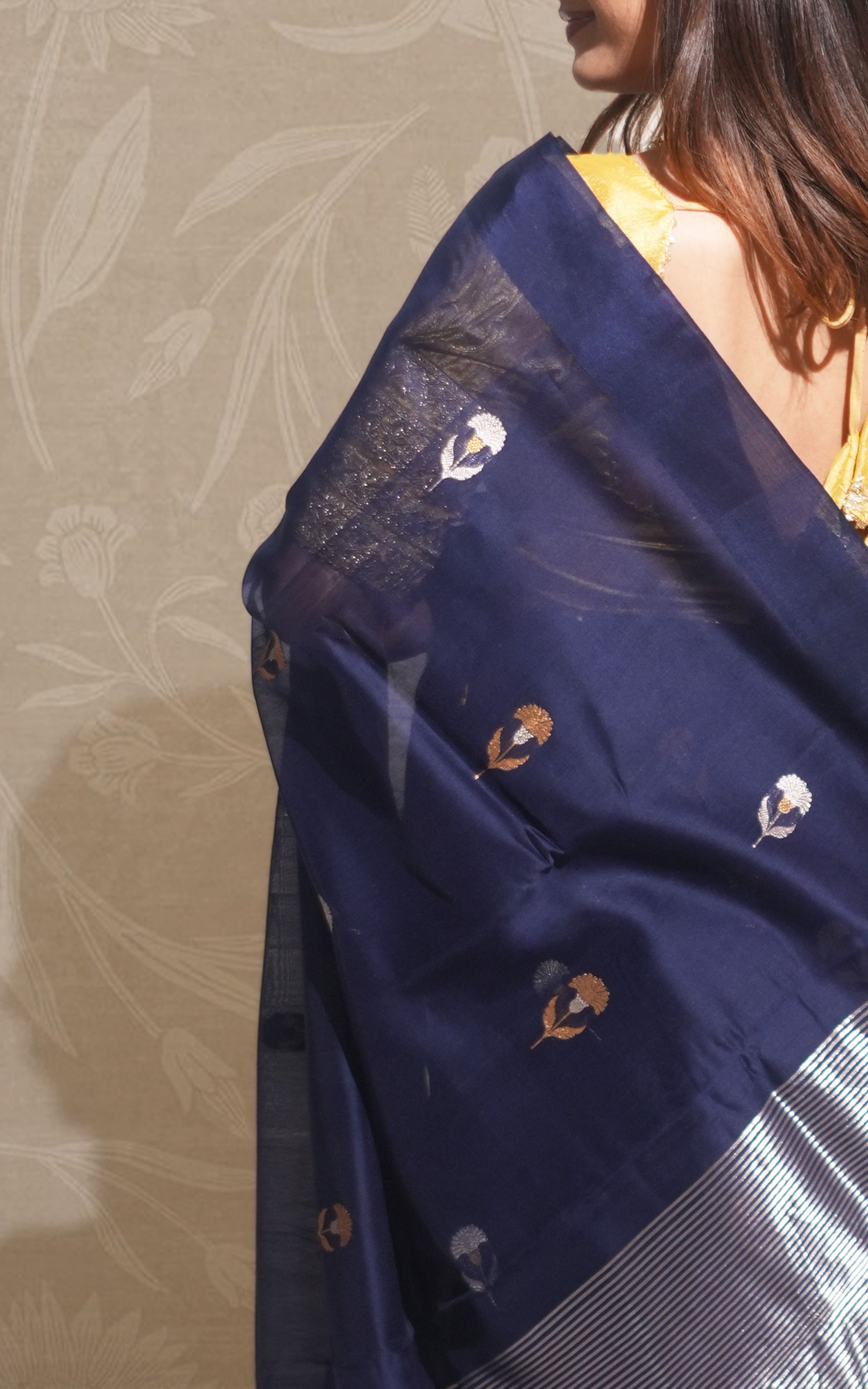 Navy Blue And Gold Silver Butti Chanderi Silk Saree