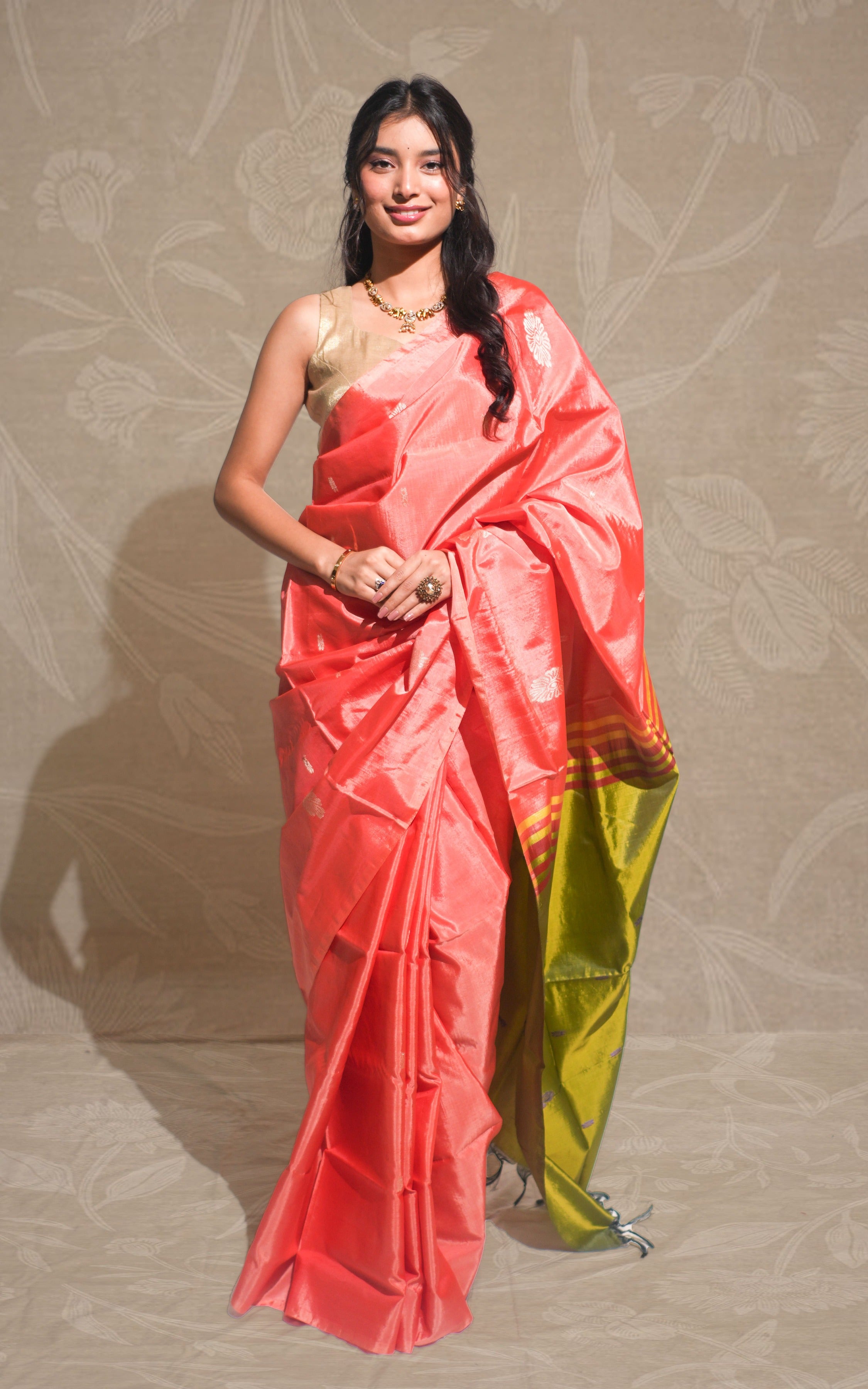Peach Orange And Olive Green Banana silk Saree