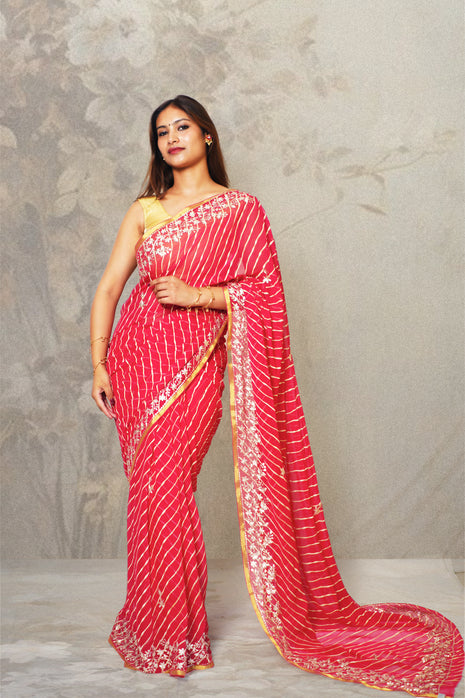 Red Lehariya Chiffon Saree