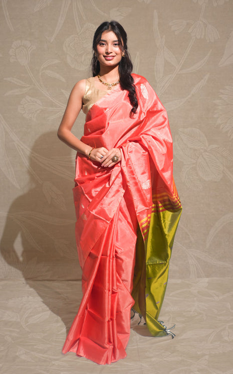 Peach Orange And Olive Green Banana silk Saree