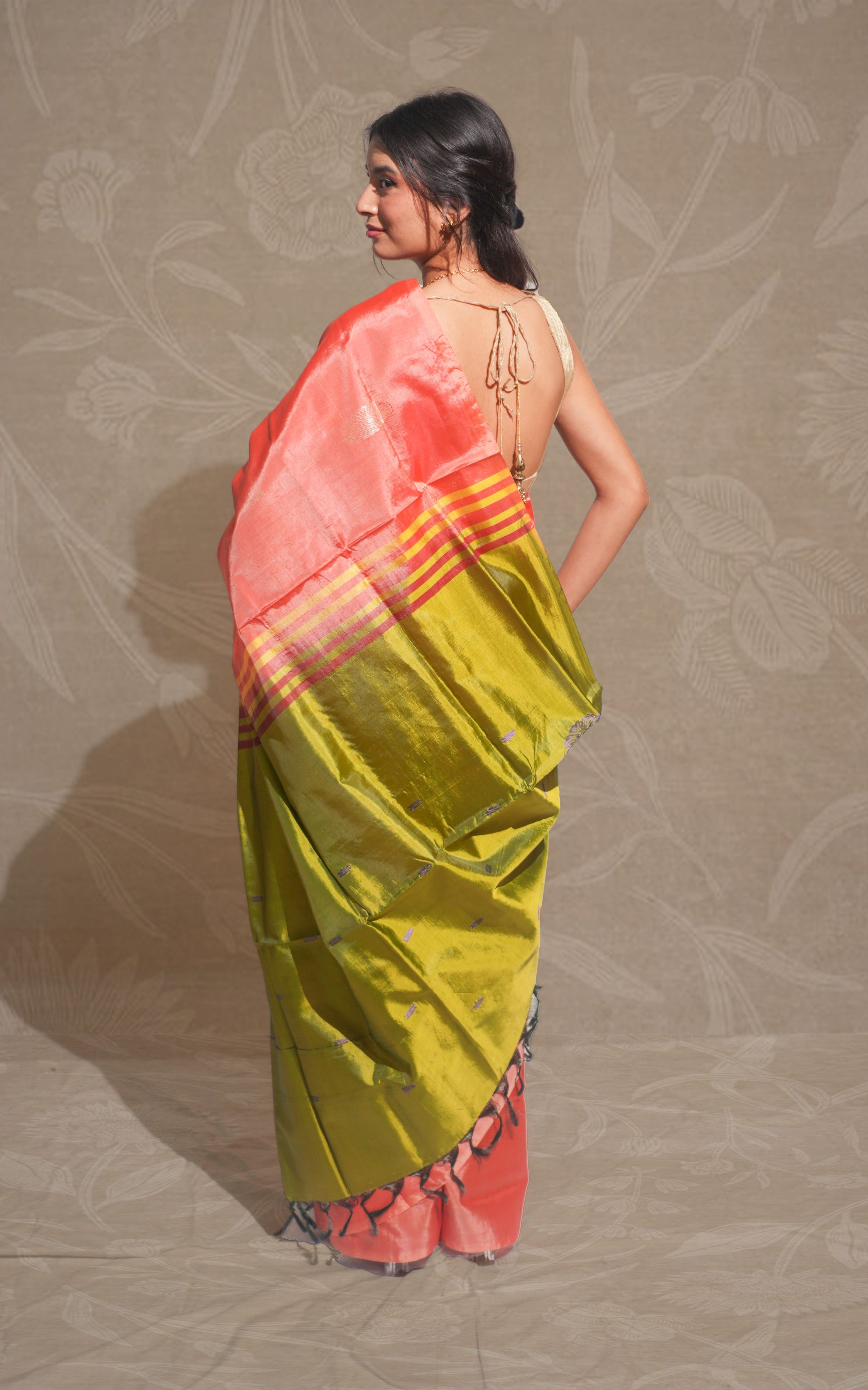 Peach Orange And Olive Green Banana silk Saree