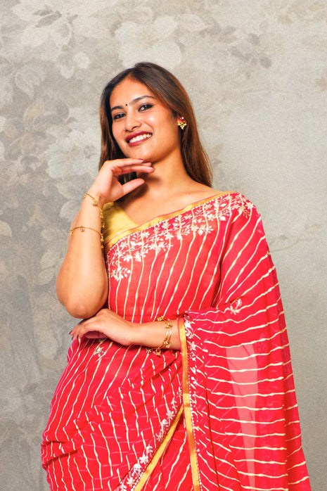 Red Lehariya Chiffon Saree
