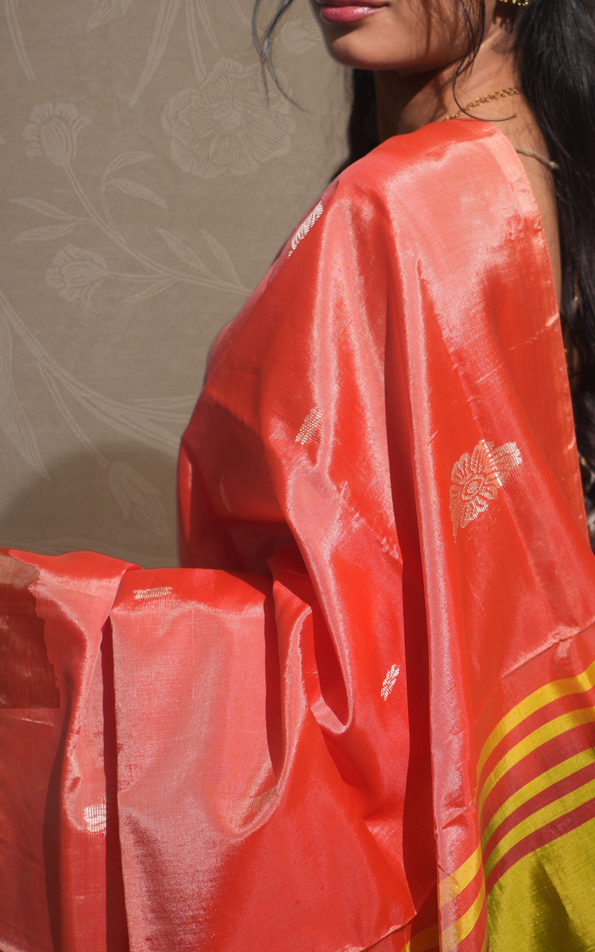 Peach Orange And Olive Green Banana silk Saree