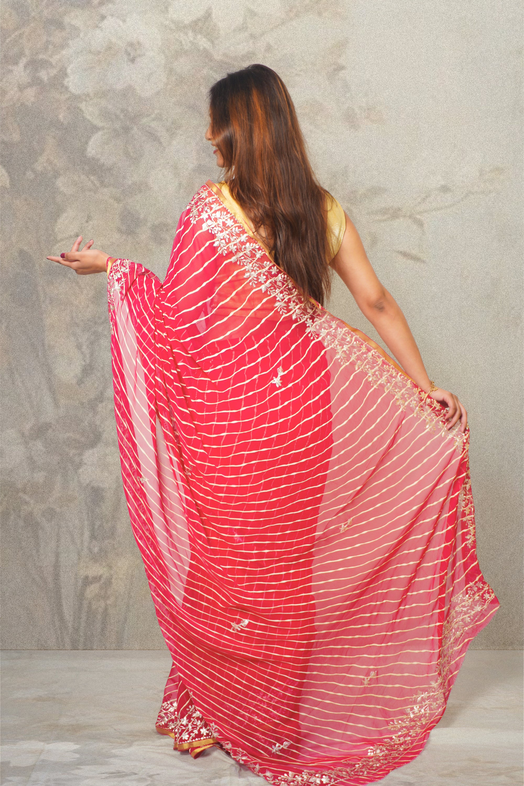 Red Lehariya Chiffon Saree