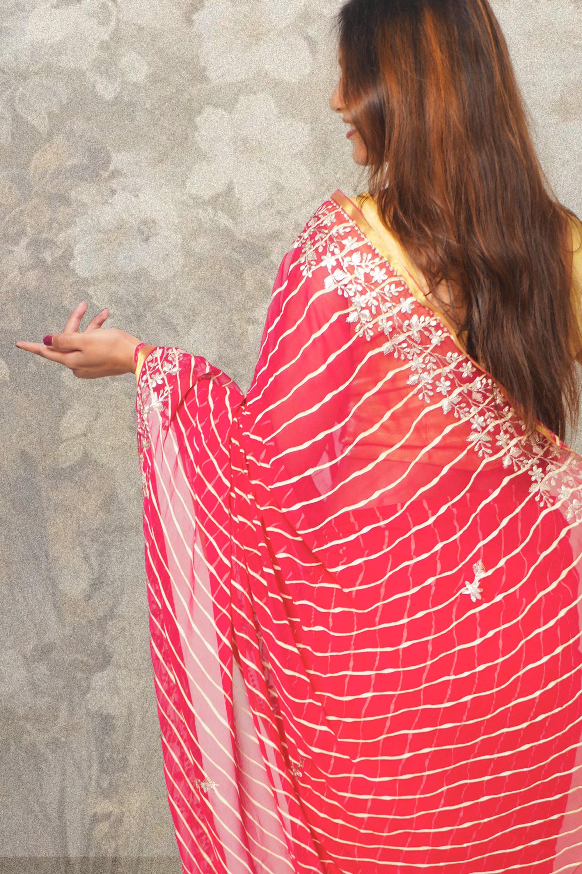 Red Lehariya Chiffon Saree