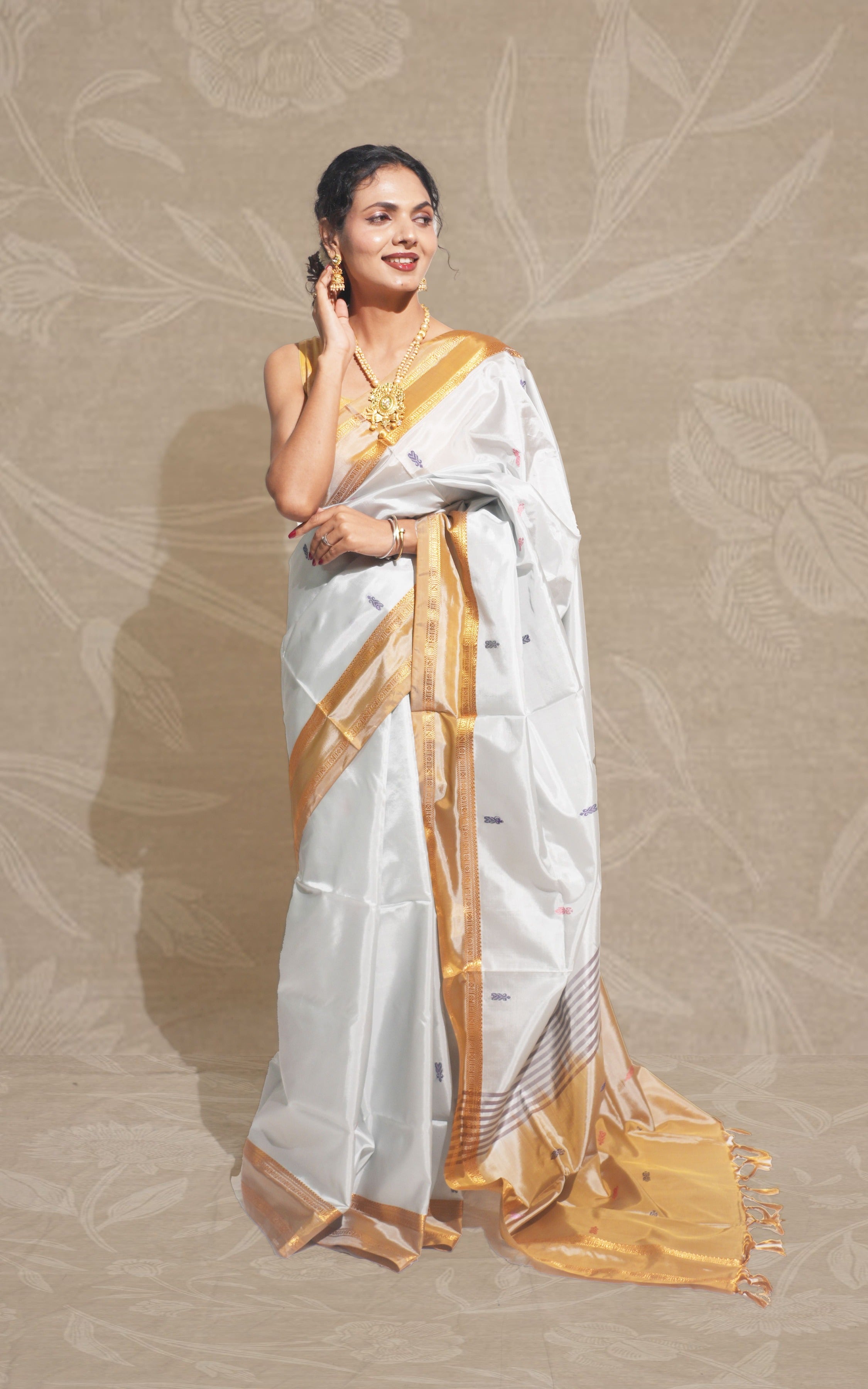 Light Ice Blue And Beige Gold Banana Silk Saree