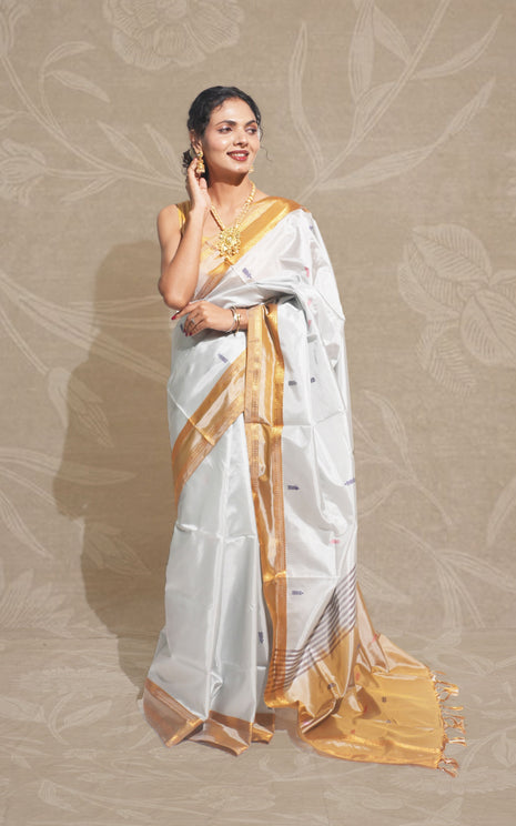 Light Ice Blue And Beige Gold Banana Silk Saree