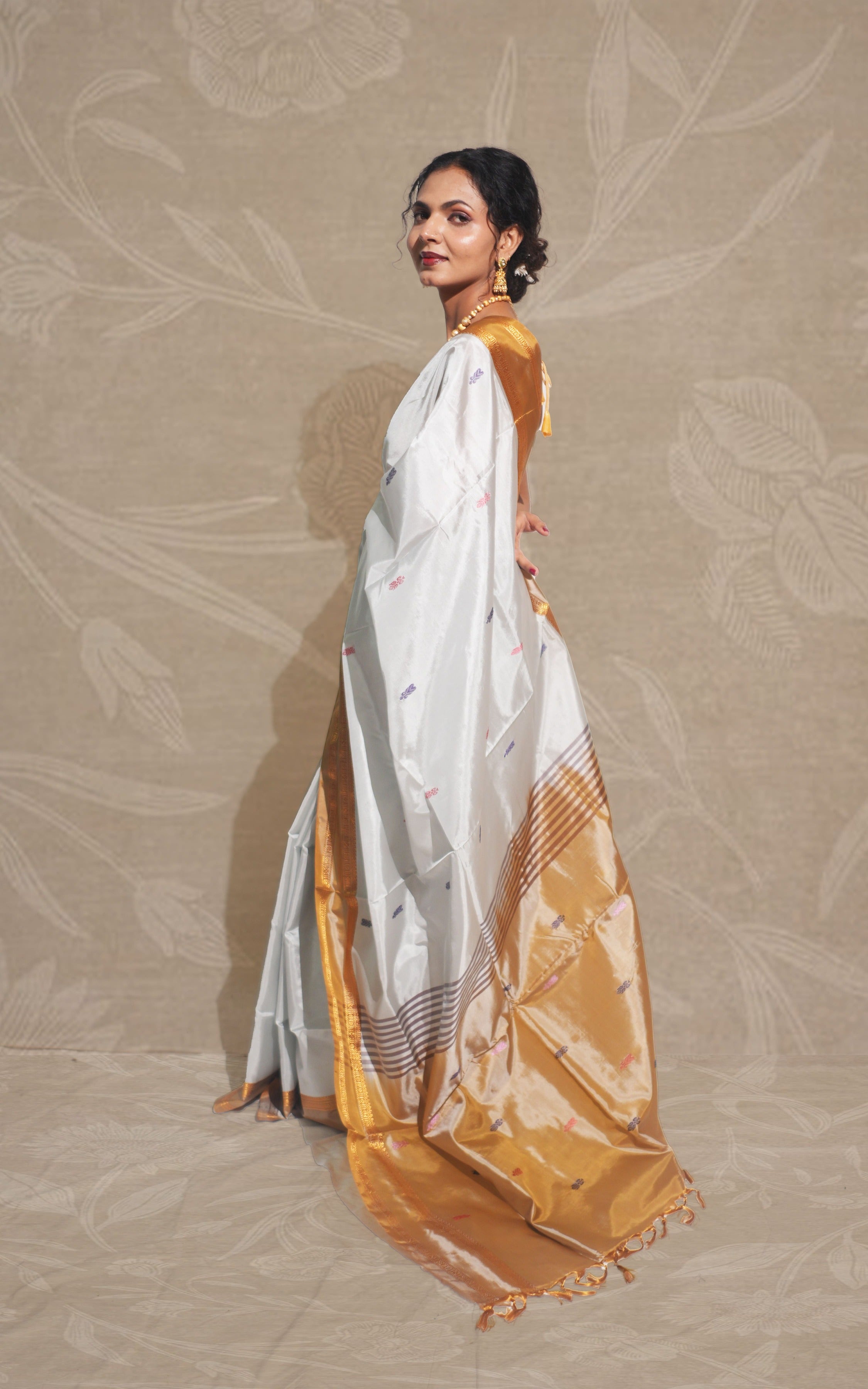 Light Ice Blue And Beige Gold Banana Silk Saree