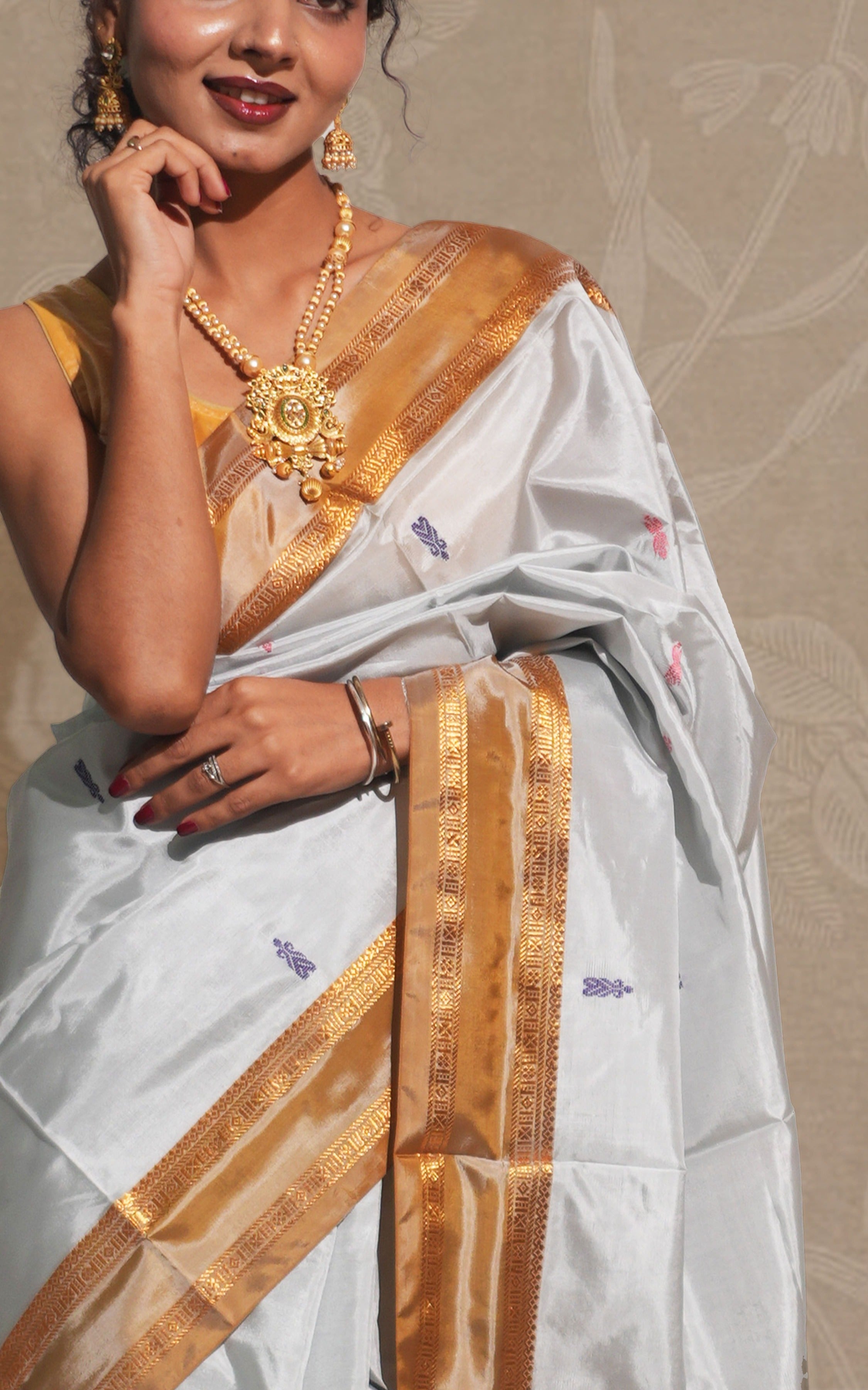 Light Ice Blue And Beige Gold Banana Silk Saree