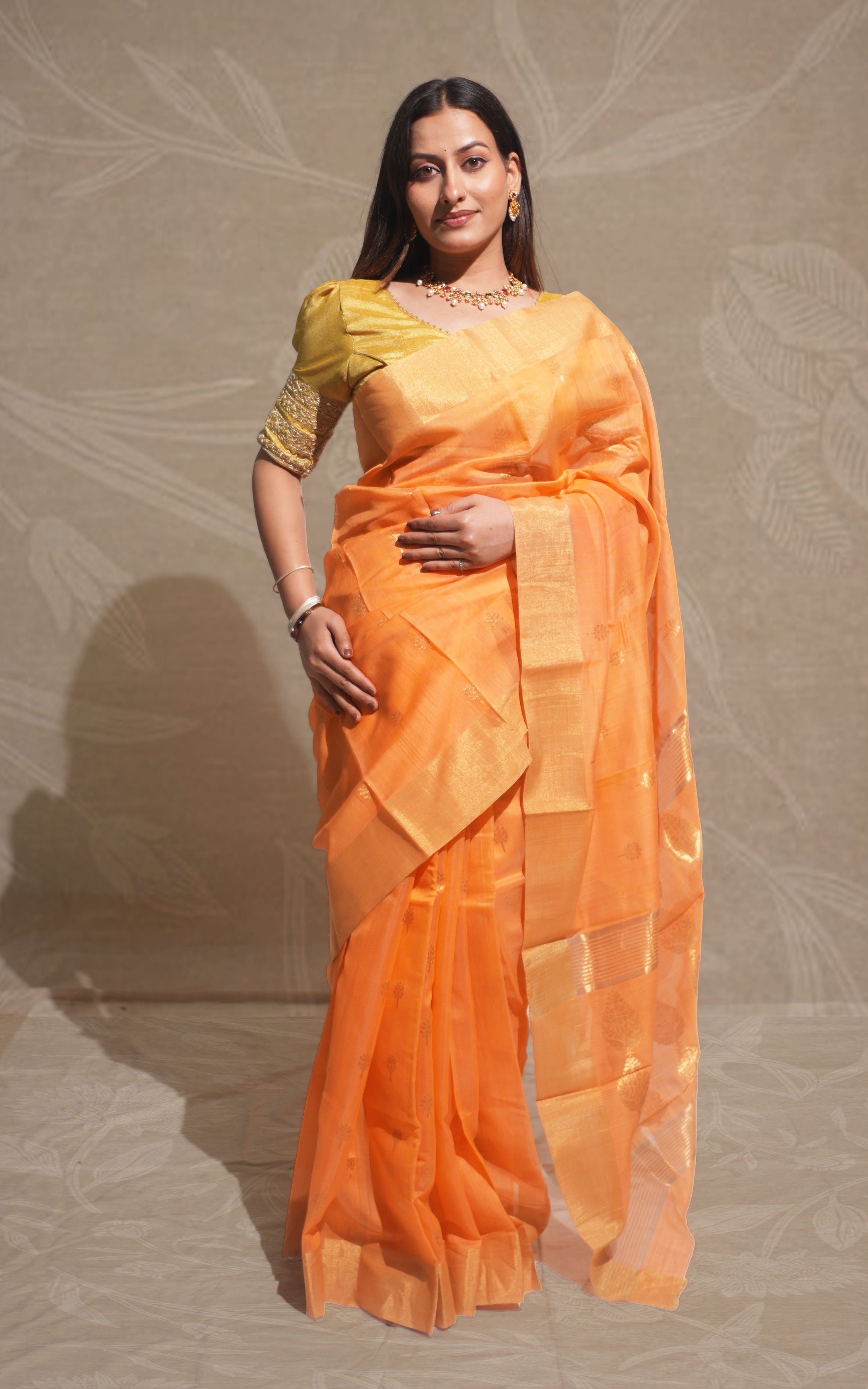 Carrot Orange Gold Butti Chanderi Silk Saree