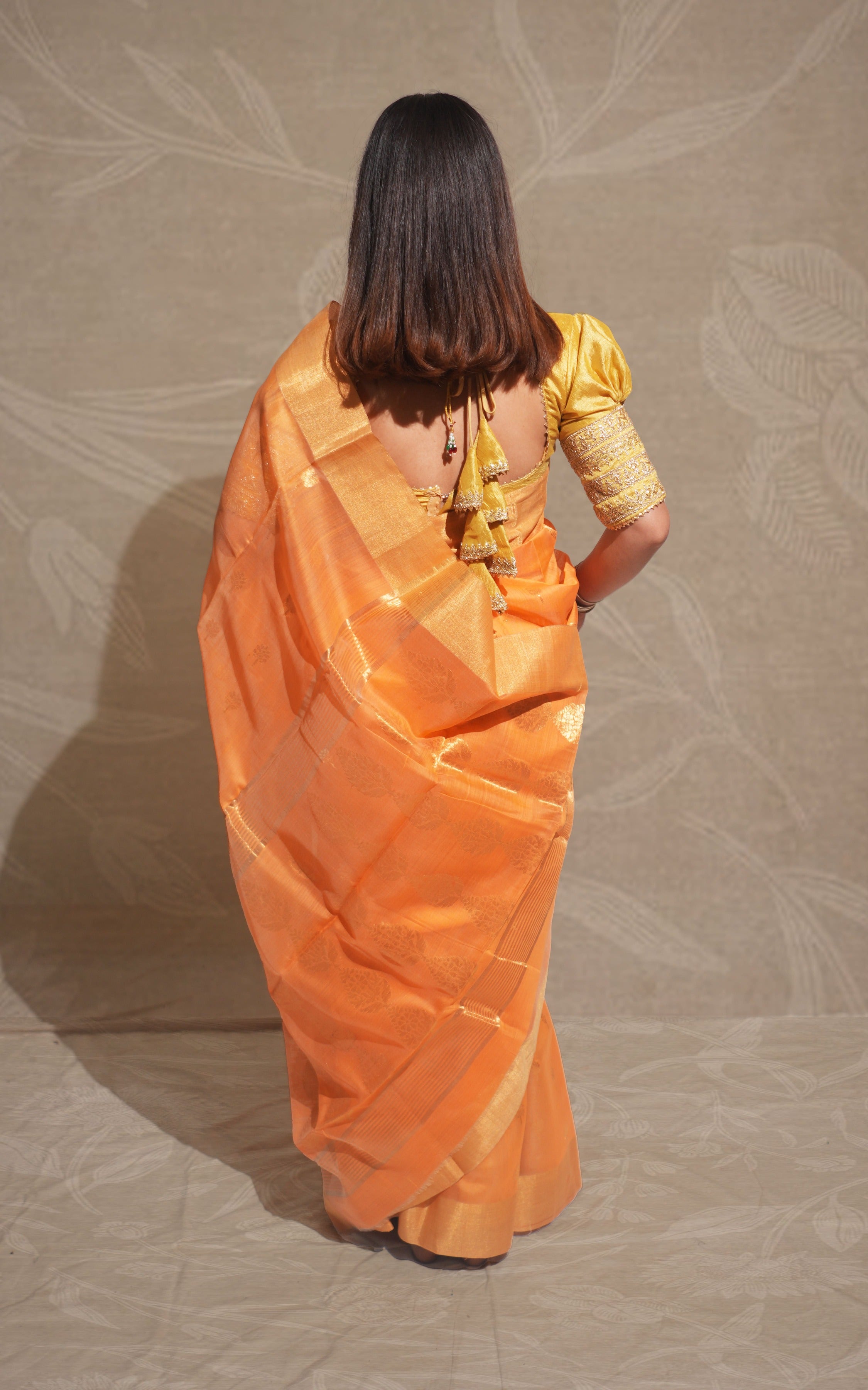 Carrot Orange Gold Butti Chanderi Silk Saree