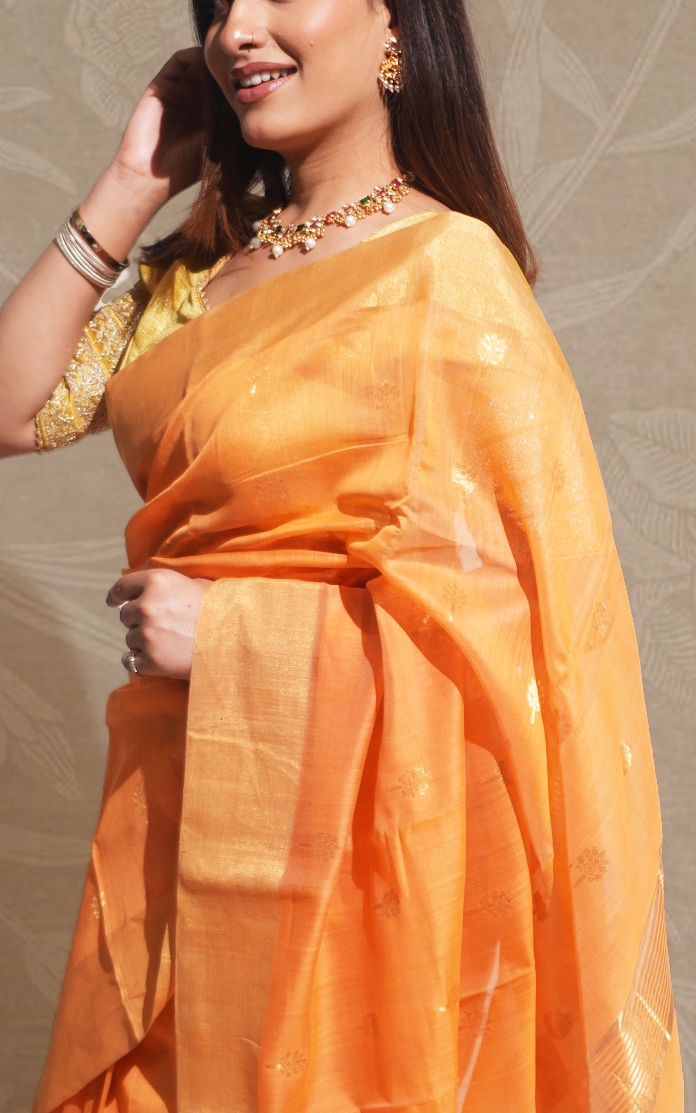 Carrot Orange Gold Butti Chanderi Silk Saree